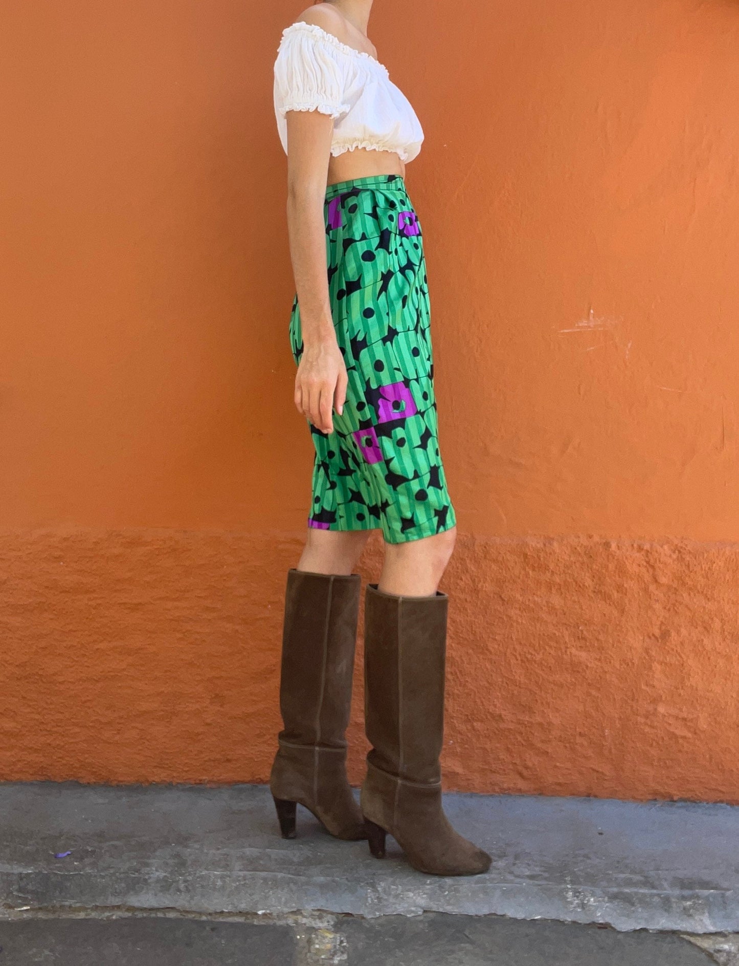 Vintage green floral lightweight summer skirt, Retro midi skirt, High waist spring skirt, Unique handmade wrap skirt, XS