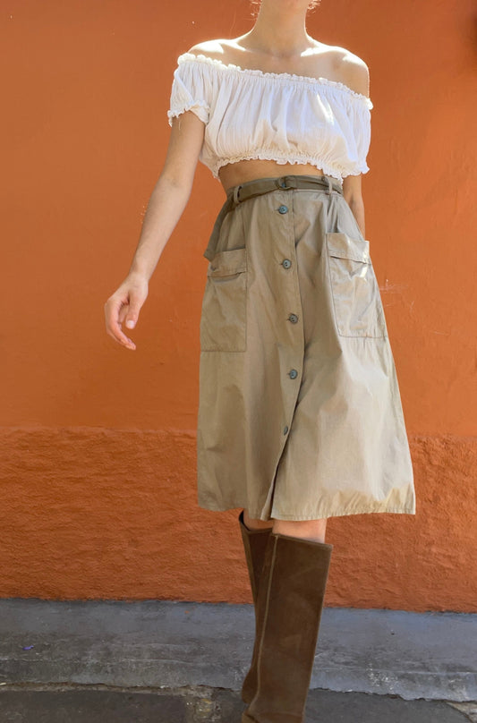 Beige classic high waist midi skirt, Posh high tan long skirt with belt, Formal farm core brown woman skirt, S