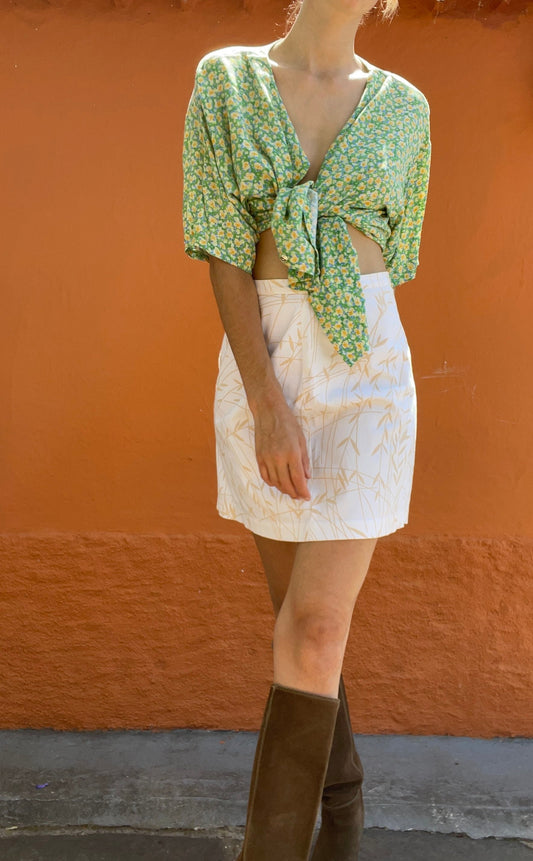 Lime green vintage bohemian blouse, Yellow floral blouse, Summer blouse, oversized summer shirt, Casual knot tie romantic top