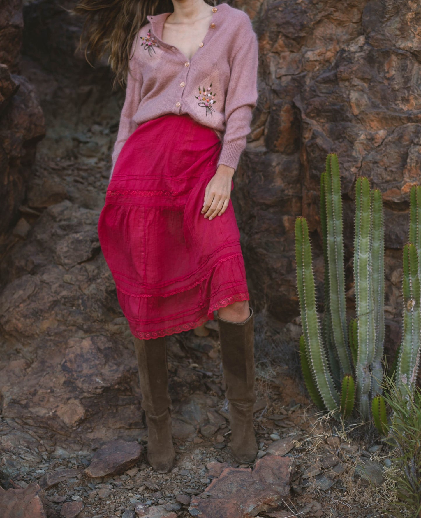 Pink Mohair Cardigan with Floral Embroidery, Vintage Cottagecore Grandma Sweater, Cozy Winter Vest with Marble & Gold Buttons