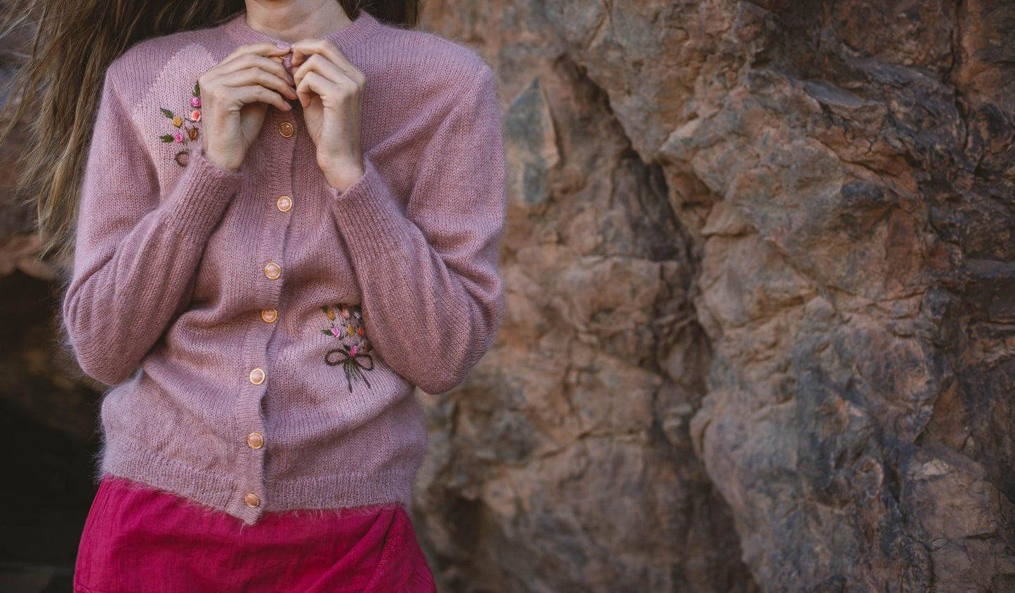 Pink Mohair Cardigan with Floral Embroidery, Vintage Cottagecore Grandma Sweater, Cozy Winter Vest with Marble & Gold Buttons