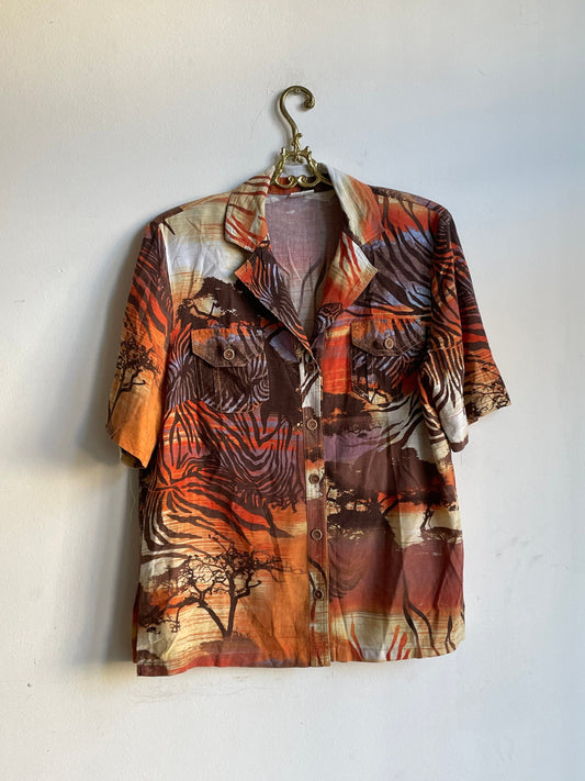 Vintage Safari Button Down Shirt for Women, Burnt Orange Tropical Print Blouse, Linen Cotton Blend Summer Top with Pockets,Tie-Up or Tuck In