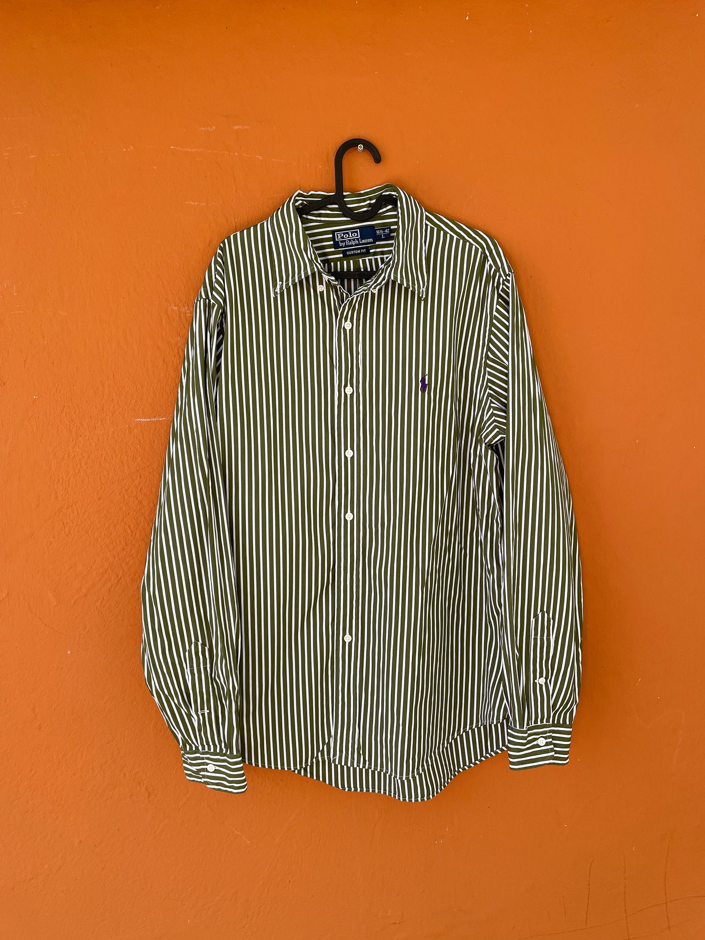 Classic green and white striped Polo by Ralph Lauren Oxford shirt Size L. Smart button up, Preppy designer blouse