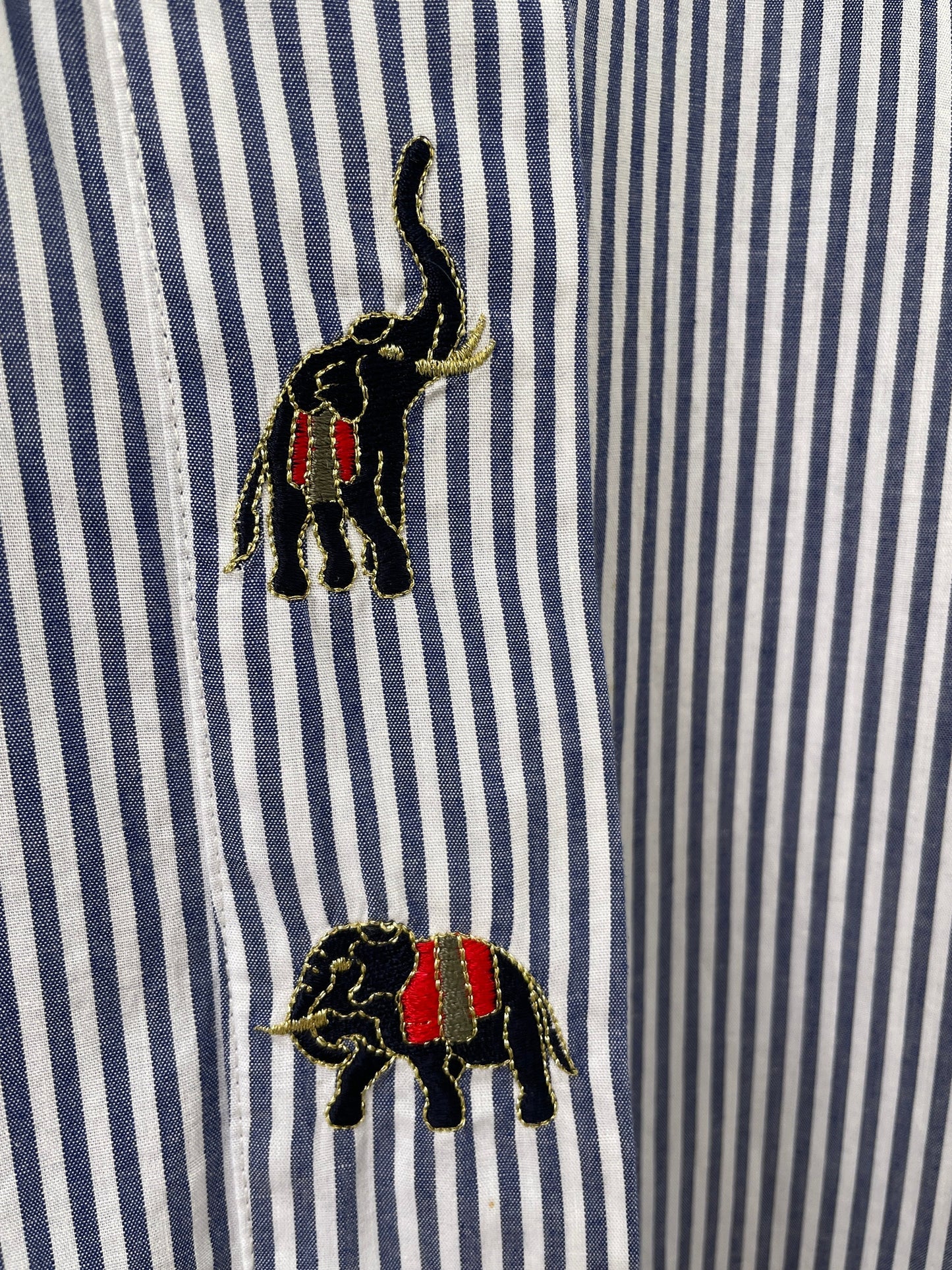 Vintage Blue Striped Cotton Blouse with Elephant Embroidery