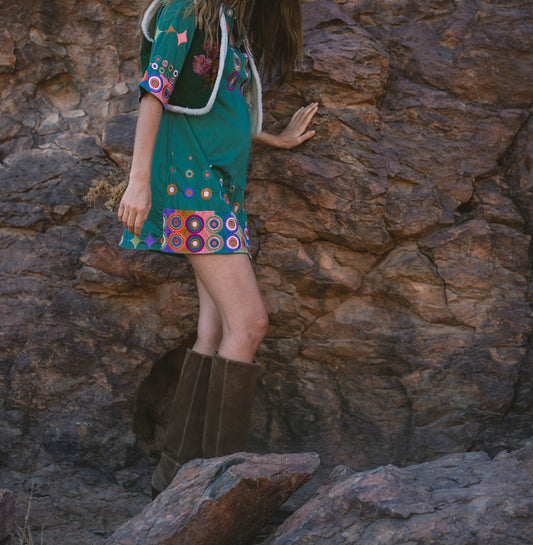 Dark green vintage Kurta, Sequin embroidered tunic, Boho festival outfit, Bohemian dress, Cute ethnographic mini dress