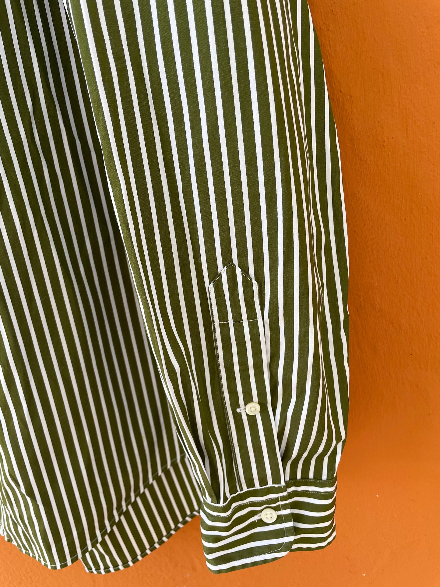 Classic green and white striped Polo by Ralph Lauren Oxford shirt Size L. Smart button up, Preppy designer blouse