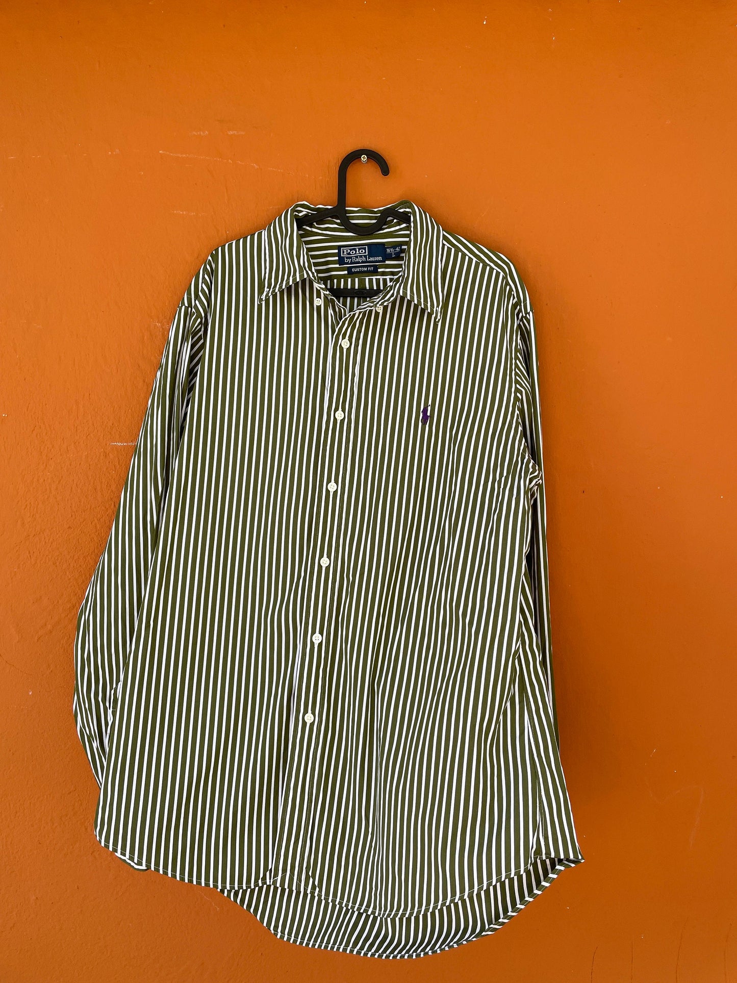 Classic green and white striped Polo by Ralph Lauren Oxford shirt Size L. Smart button up, Preppy designer blouse