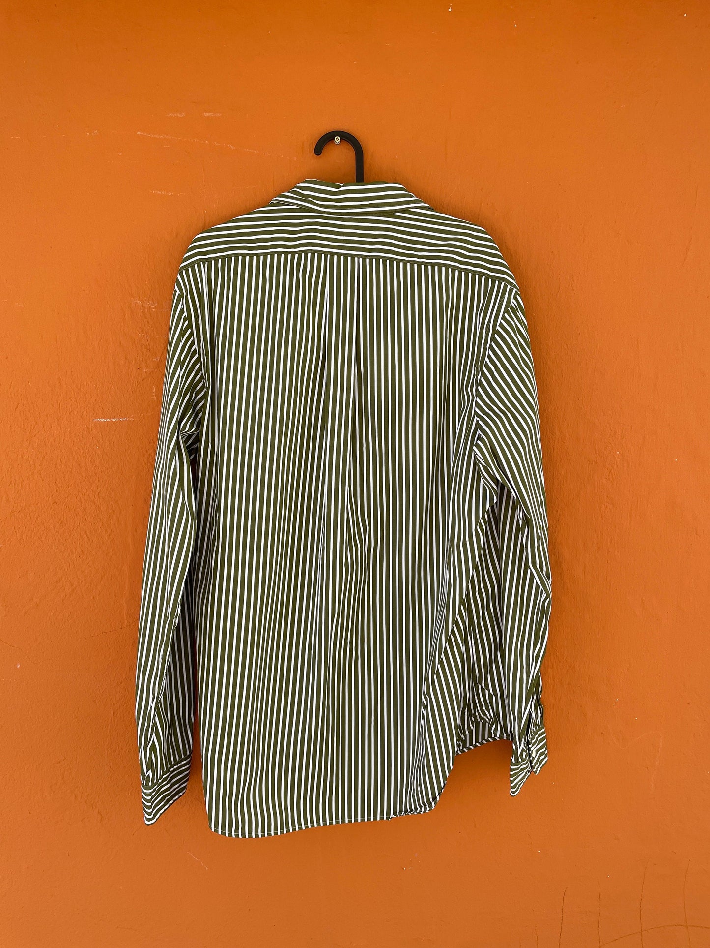Classic green and white striped Polo by Ralph Lauren Oxford shirt Size L. Smart button up, Preppy designer blouse