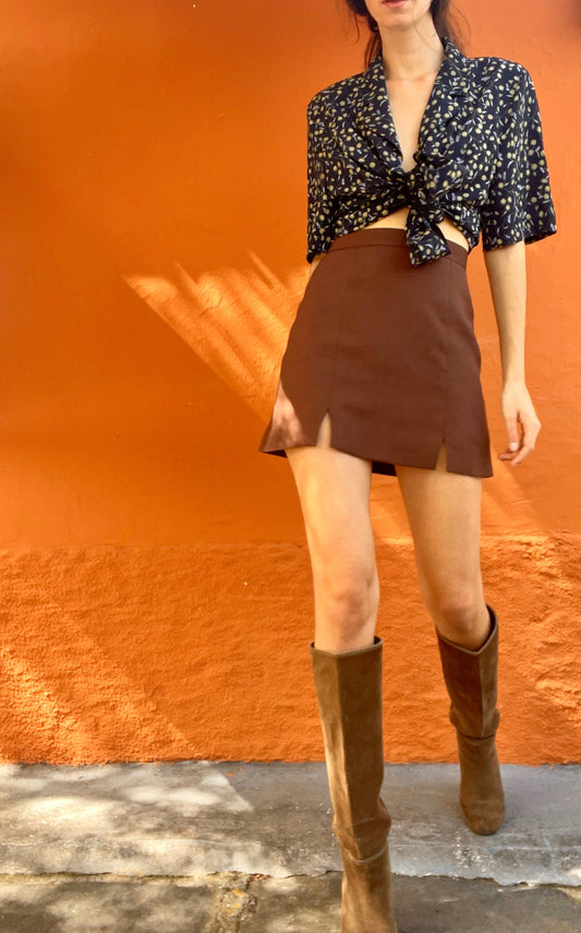 Blue and yellow flower blouse, Vintage summer shirt, 80s secretary top, XL