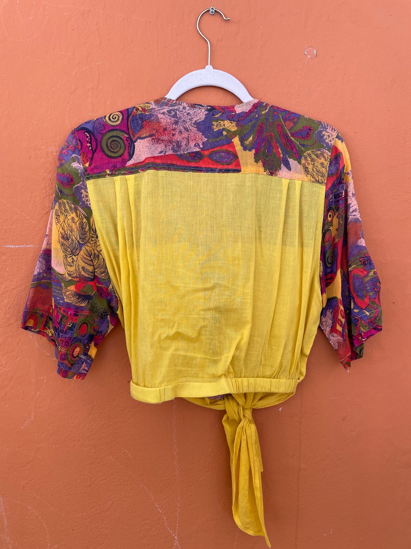 Yellow vintage cotton crop top, Knot tied vibrant blouse, Cute retro shirt,