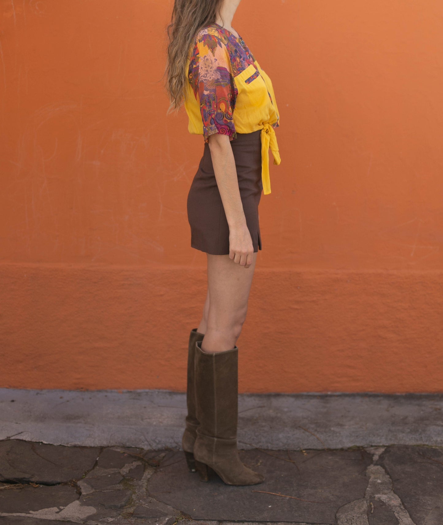 Yellow vintage cotton crop top, Knot tied vibrant blouse, Cute retro shirt,