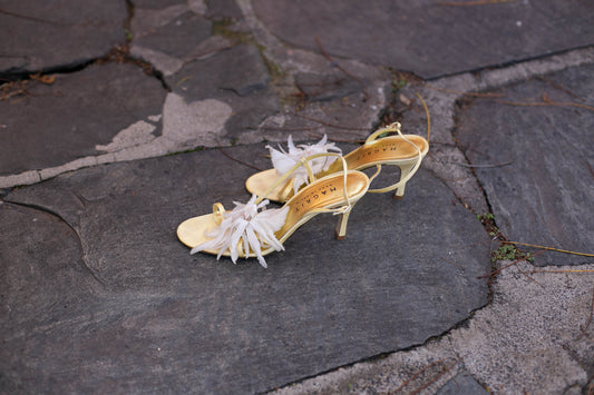 Vintage Magrit Floral Heels – Yellow Satin Sandals – EU 38