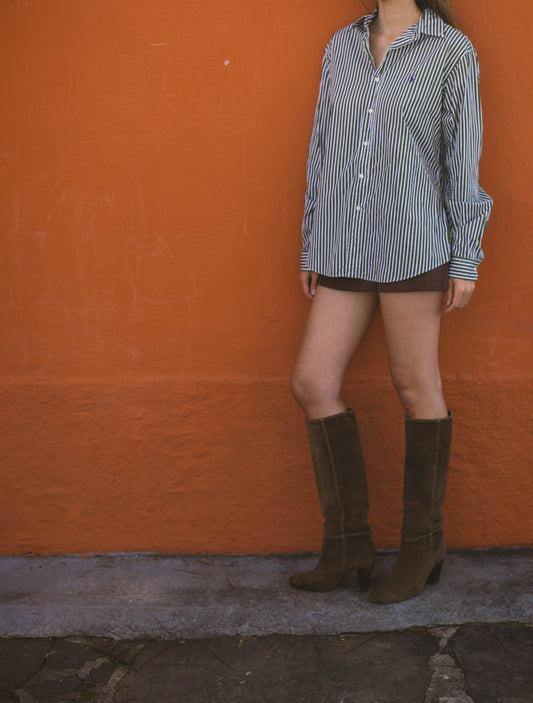 Classic green and white striped Polo by Ralph Lauren Oxford shirt Size L. Smart button up, Preppy designer blouse