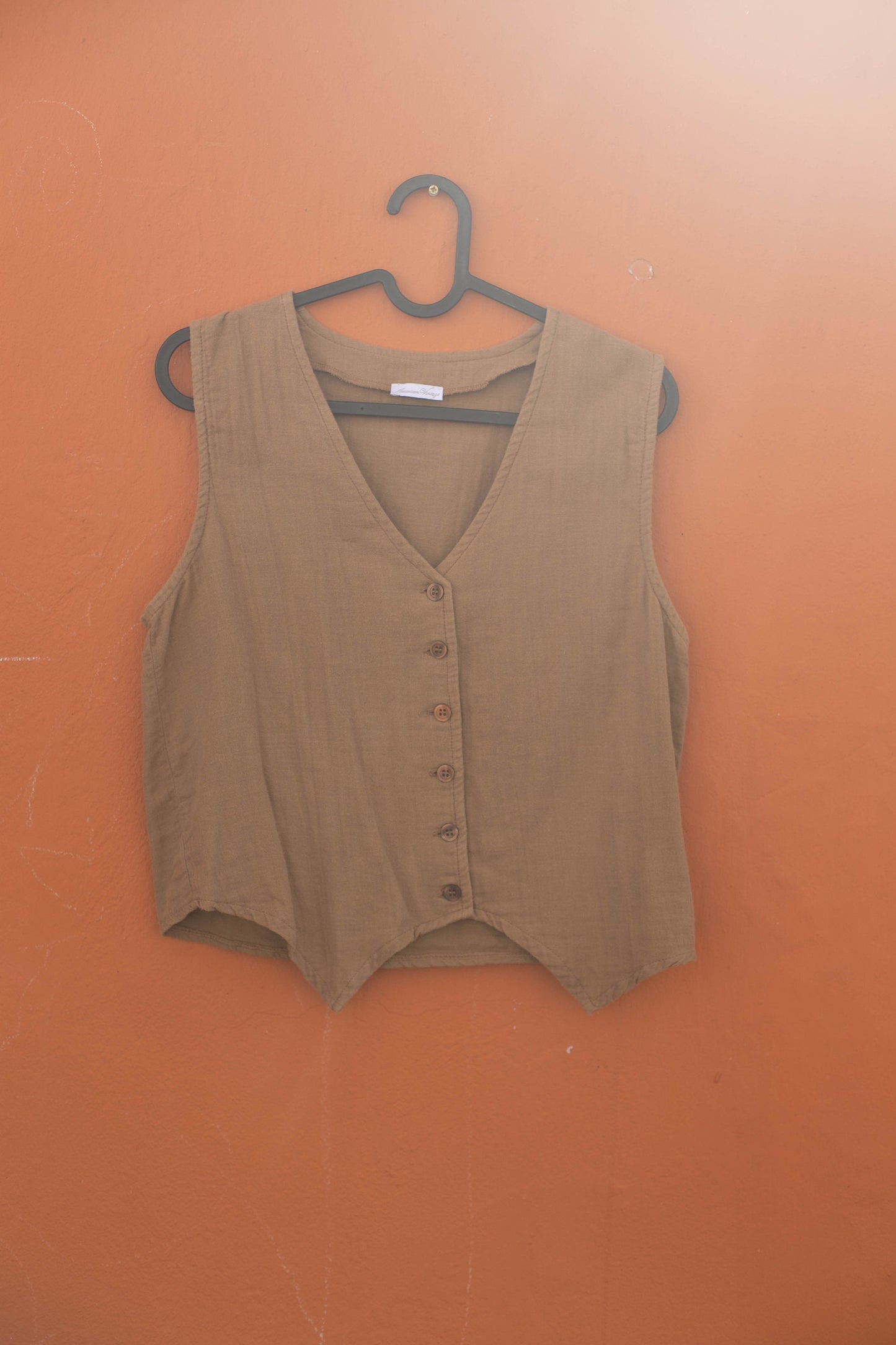 American Vintage brown waistcoat, Vintage cotton summer gilet, Natural coloured mediterranean beach clothing, L