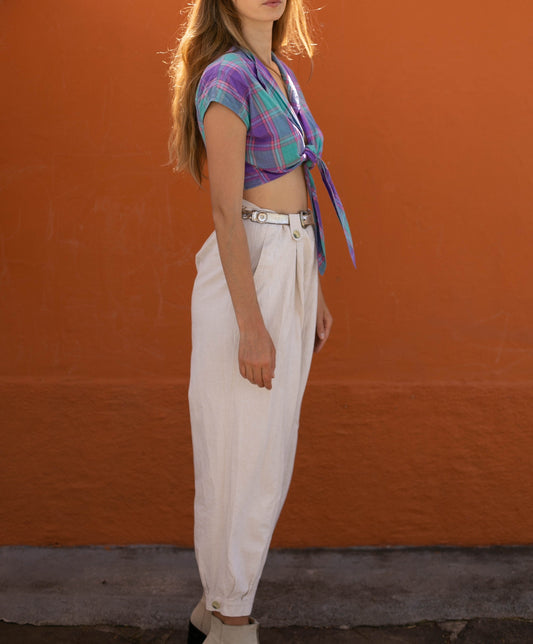 Purple green lumberjack summer blouse, Vintage plaid women's shirt, Cotton check button down shirt, Cute knot tie wrap top, S