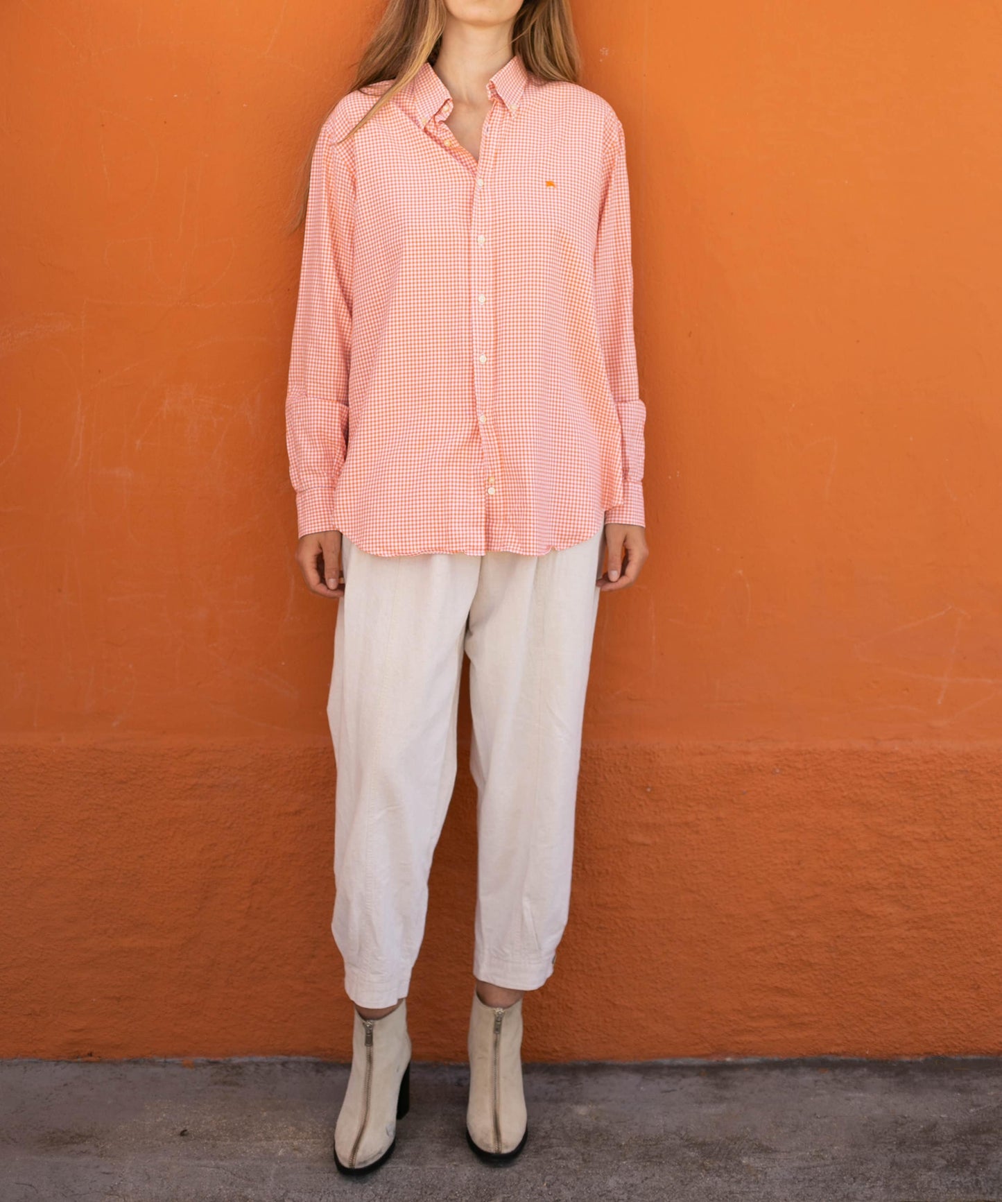 Vintage Burberry London checkered orange button up shirt, Collared long sleeve design shirt, Oxford summer blouse, US L - XXL