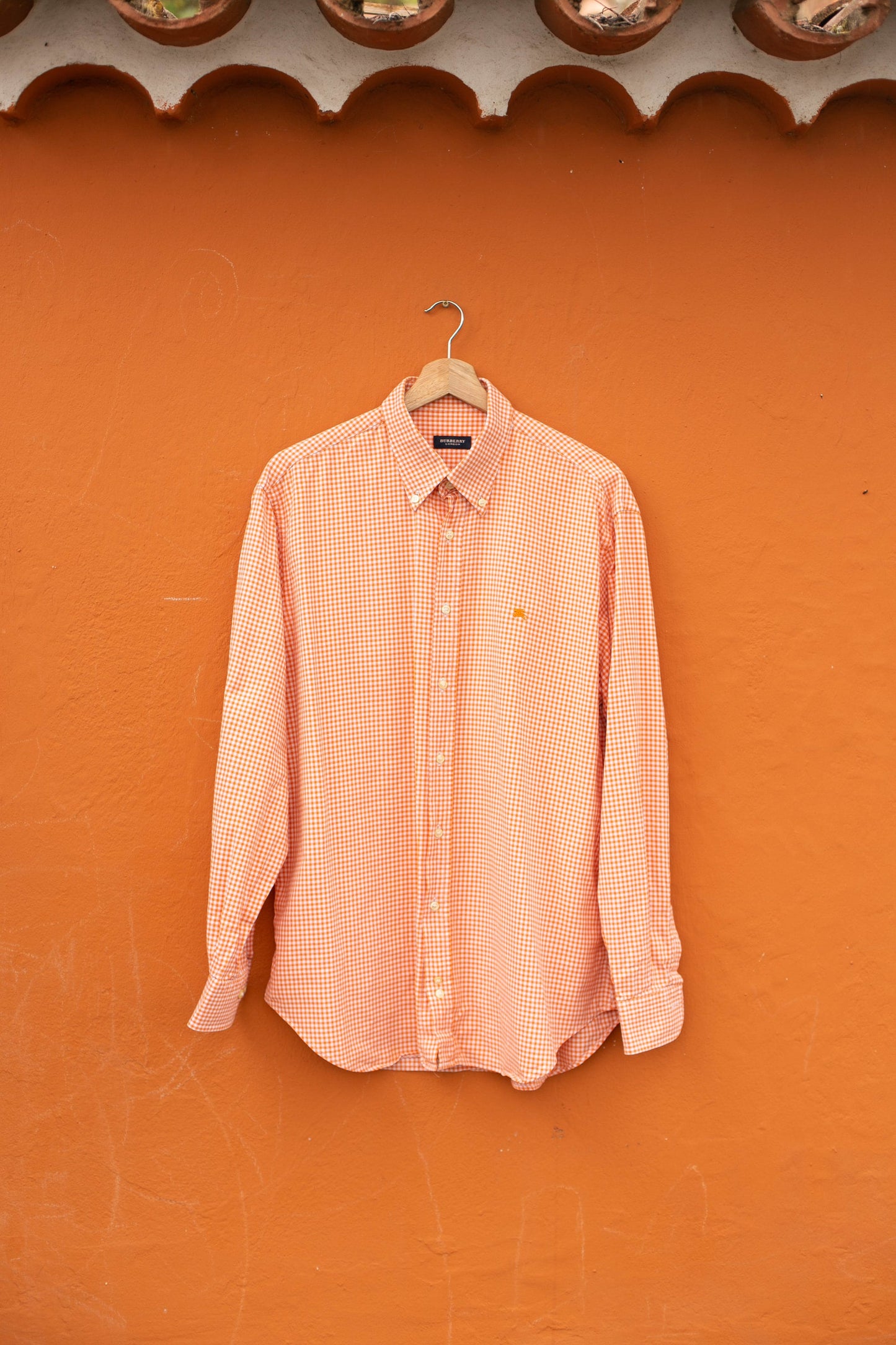 Vintage Burberry London checkered orange button up shirt, Collared long sleeve design shirt, Oxford summer blouse, US L - XXL
