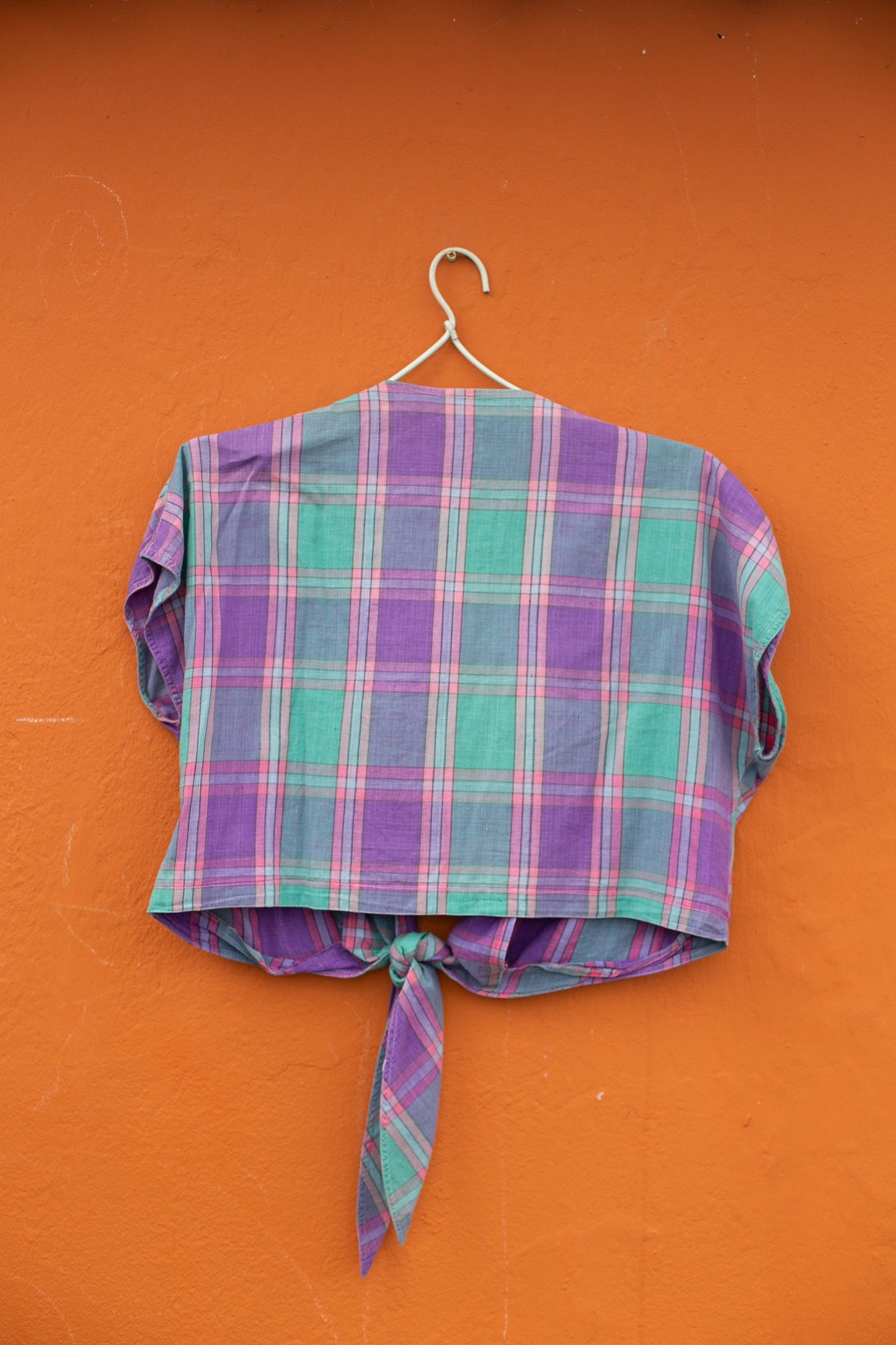 Purple green lumberjack summer blouse, Vintage plaid women's shirt, Cotton check button down shirt, Cute knot tie wrap top, S