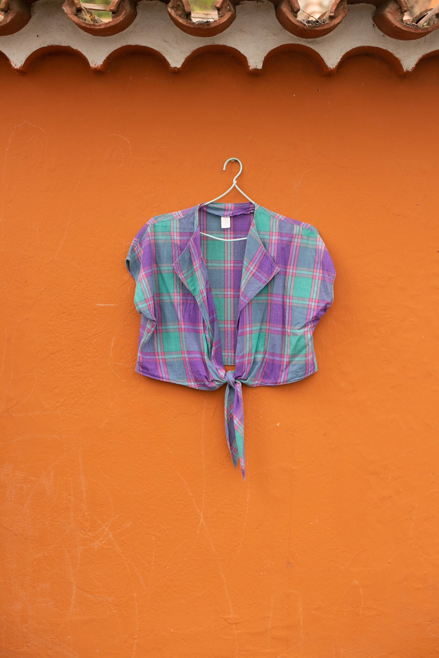 Purple green lumberjack summer blouse, Vintage plaid women's shirt, Cotton check button down shirt, Cute knot tie wrap top, S