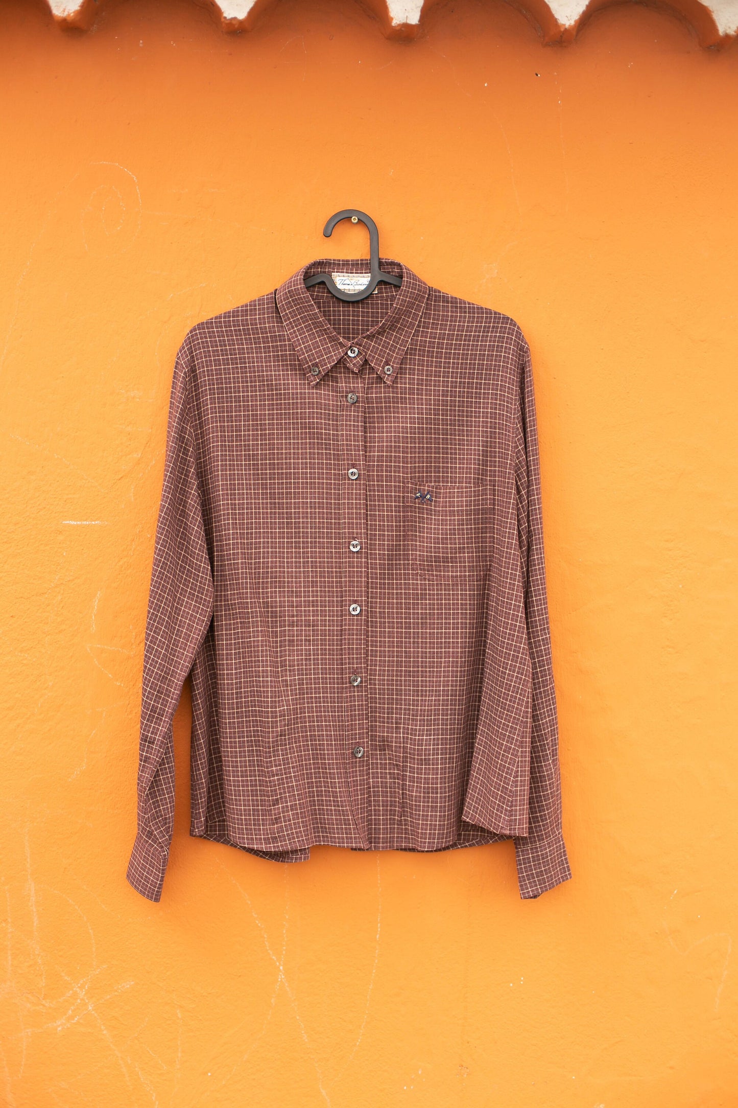 Thomas Burberry vintage plaid blouse – size L, burgundy check, logo buttons, designer button down