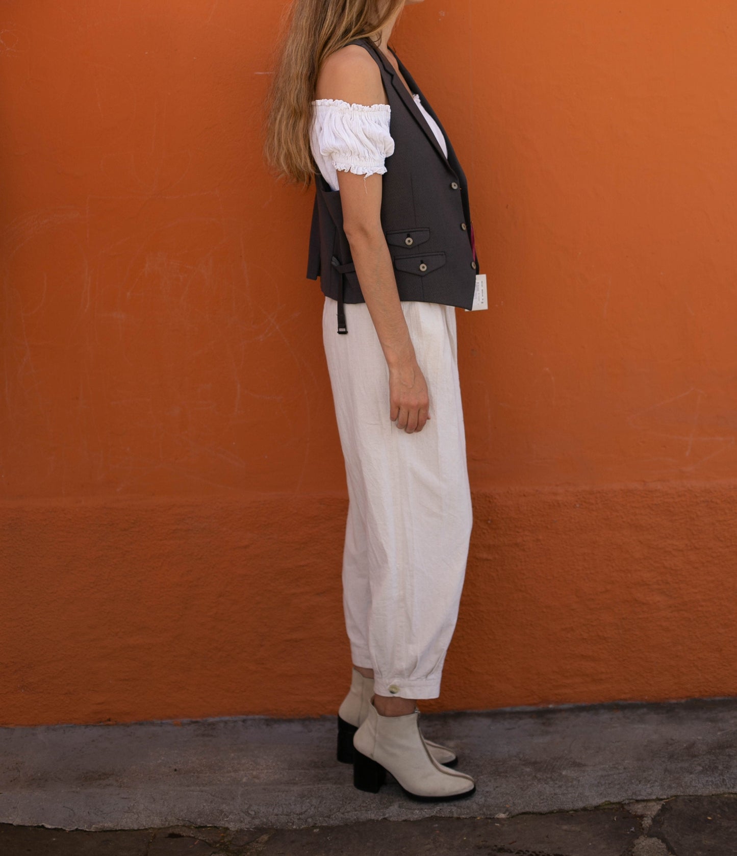 Vintage grey gilet, embroidered waistcoat, White original giler, Boho hippie festival wear, XL