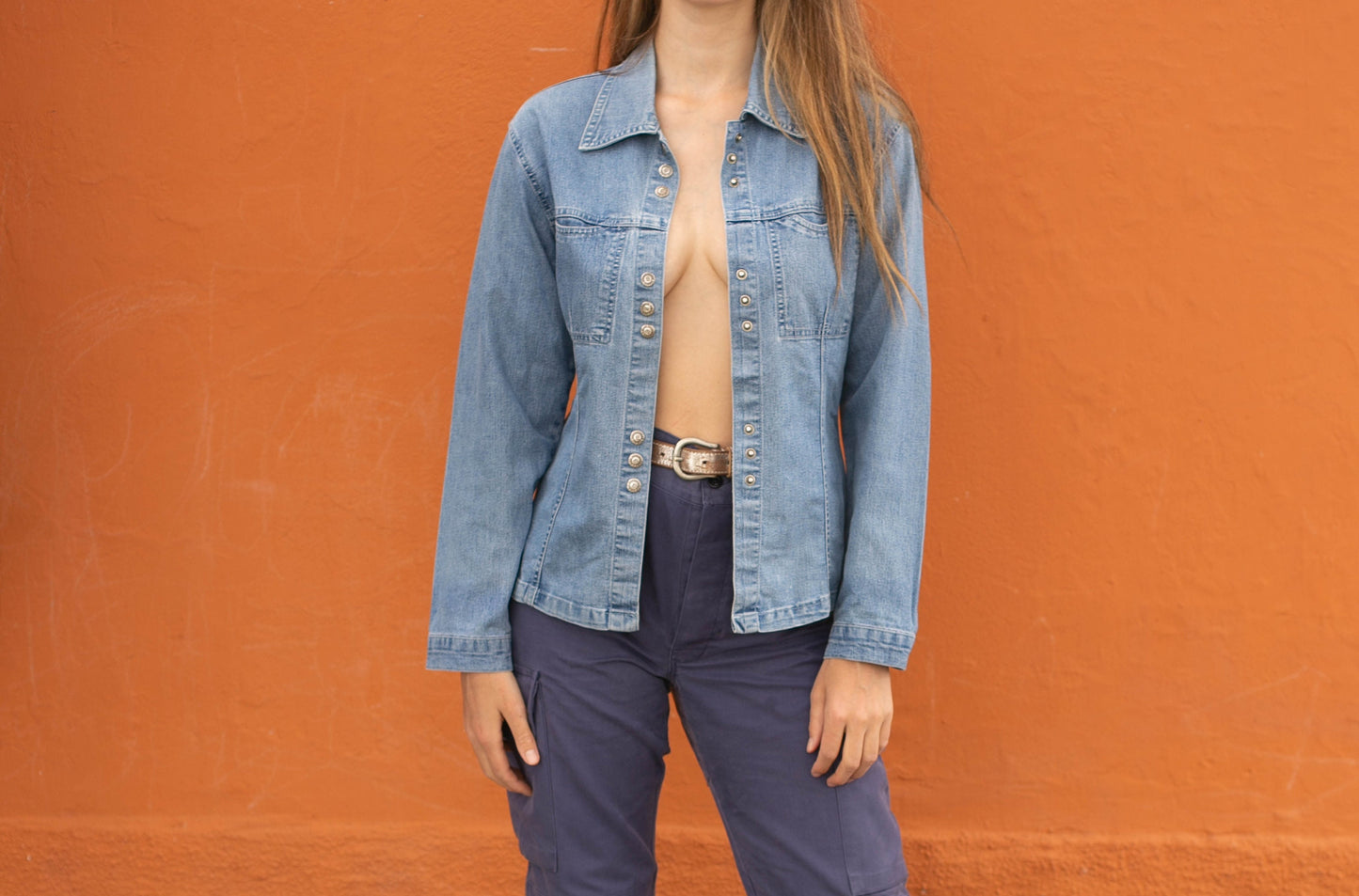 Y2k denim on denim blouse, 80s Vintage jeans shirt, 90s aesthetic, M
