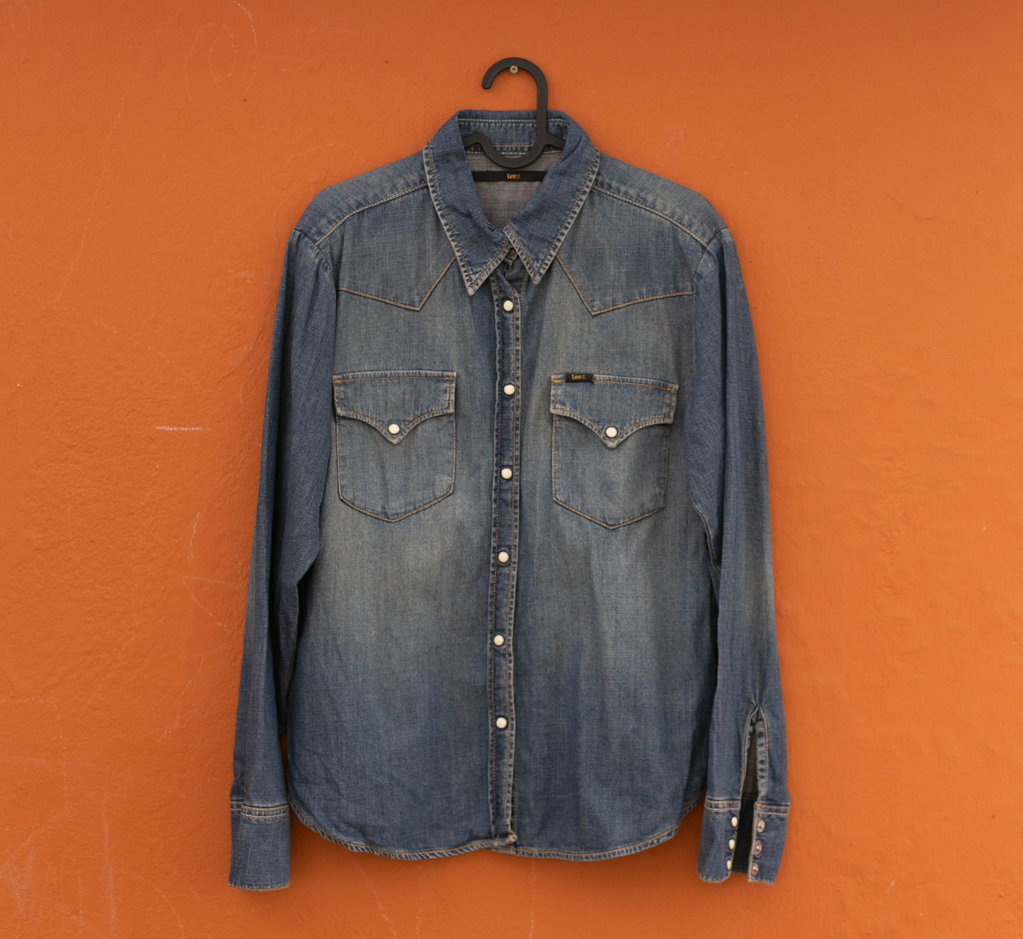 Lee Vintage button up, denim blue woman shirt, Jeans blouse, Retro aesthetic,