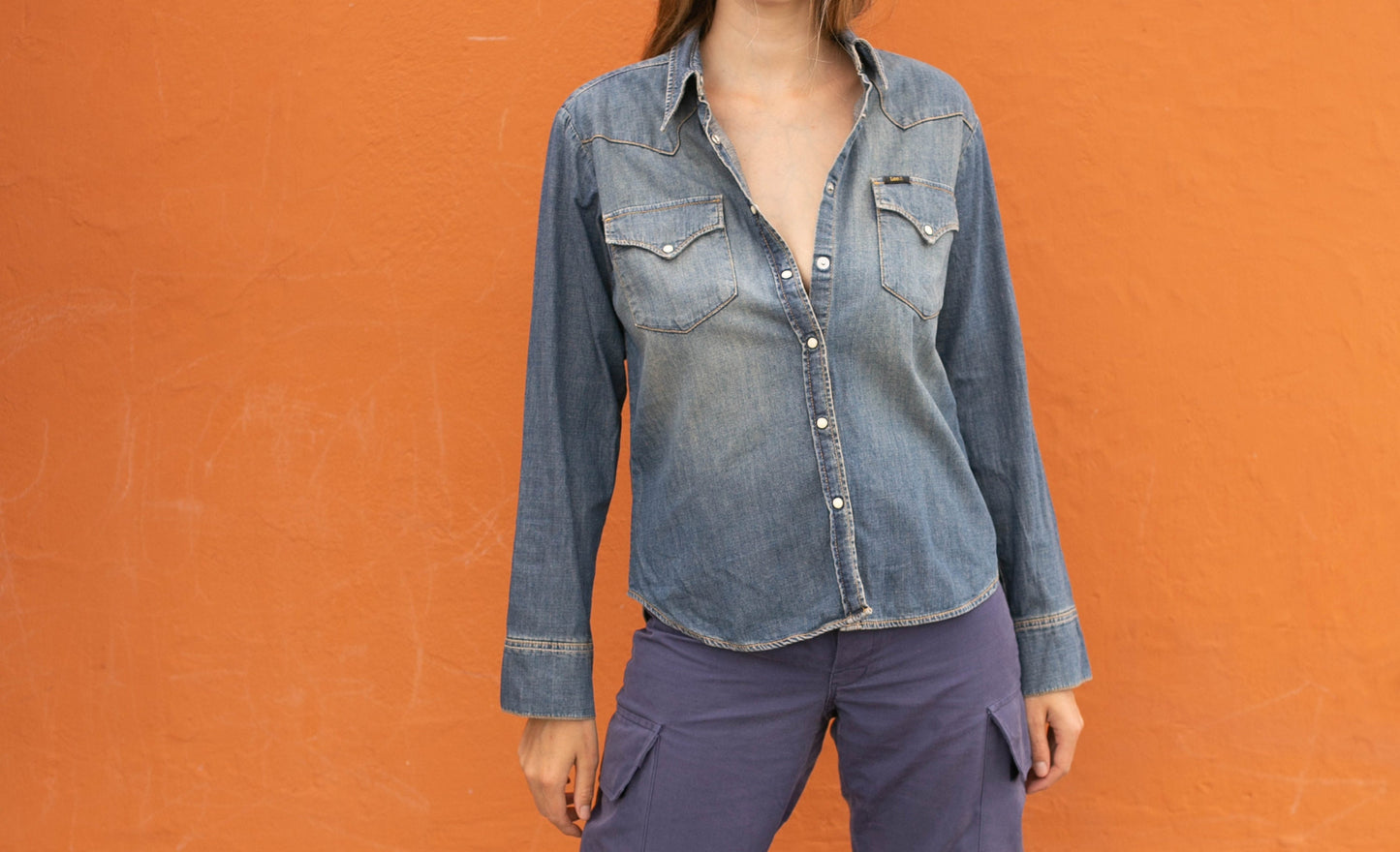 Lee Vintage button up, denim blue woman shirt, Jeans blouse, Retro aesthetic,