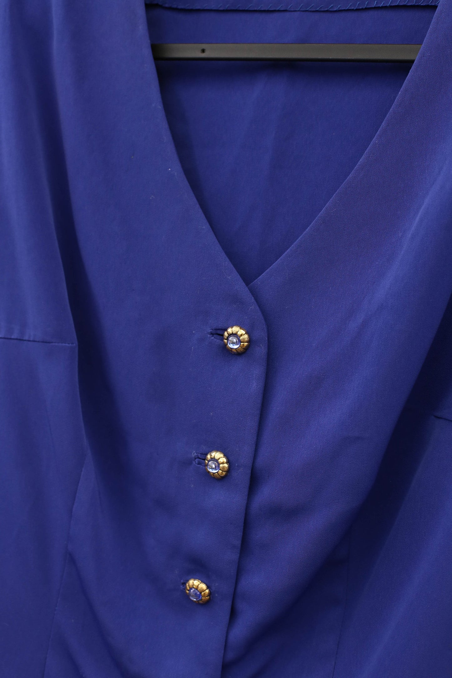 Vintage 80s Blue Satin Blouse with Removable Padded Shoulders, Silky Button Front Top, Retro Women's Shirt