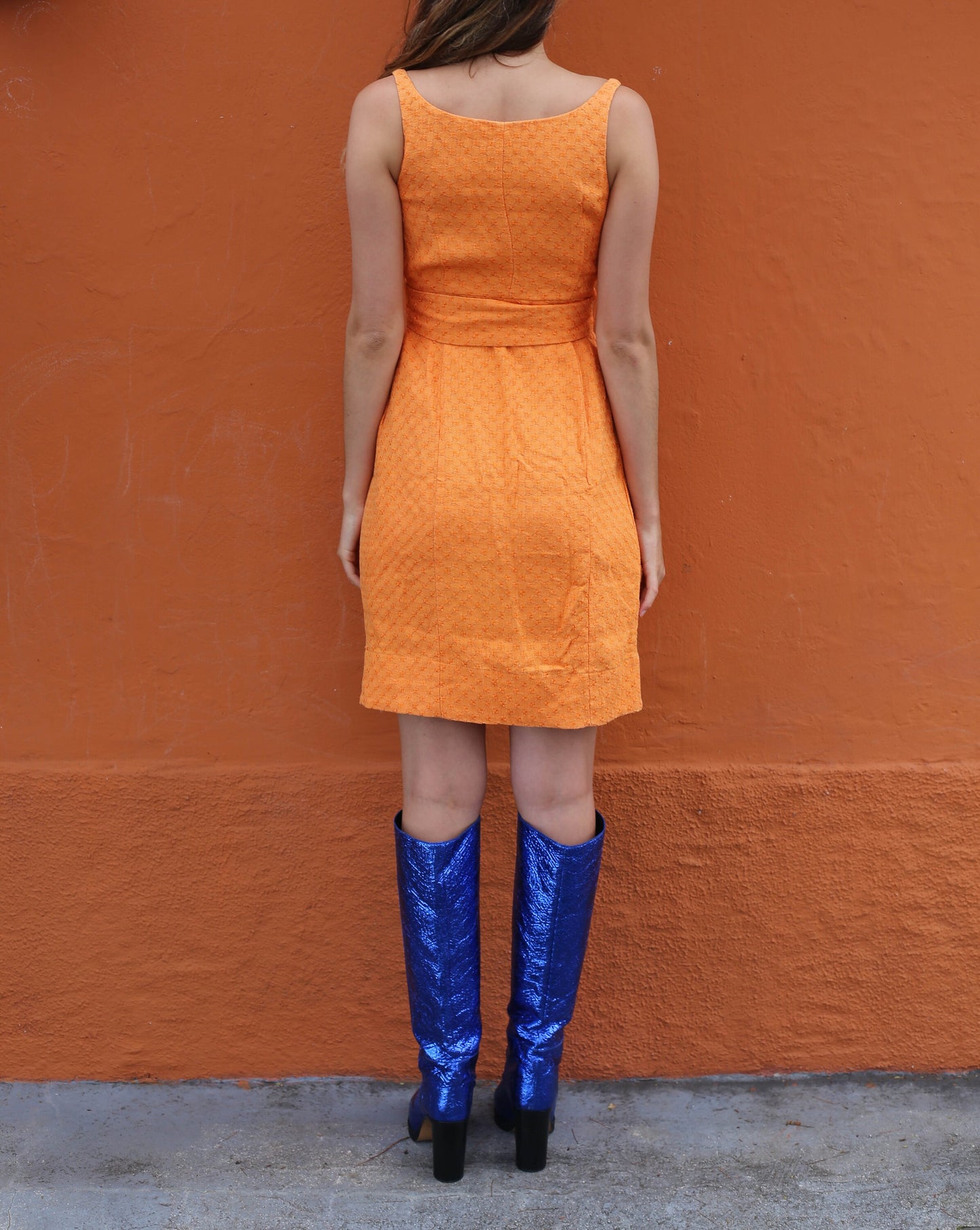 Adolfo Dominguez Orange Summer Dress, Vintage designer cocktail dress, Textured statement dress with Belt, 80s Vintage Charm