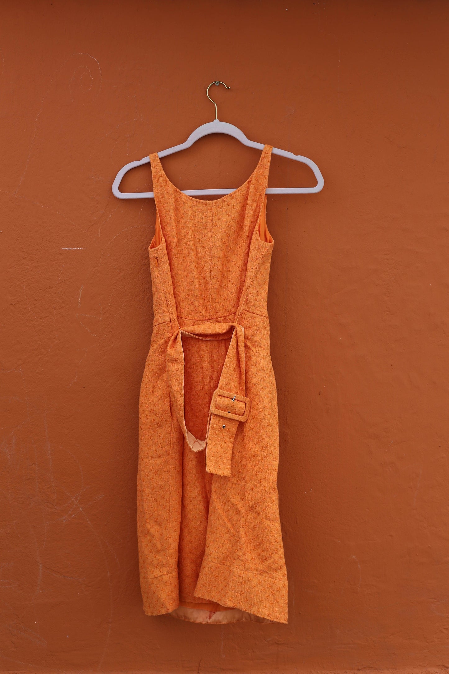 Adolfo Dominguez Orange Summer Dress, Vintage designer cocktail dress, Textured statement dress with Belt, 80s Vintage Charm