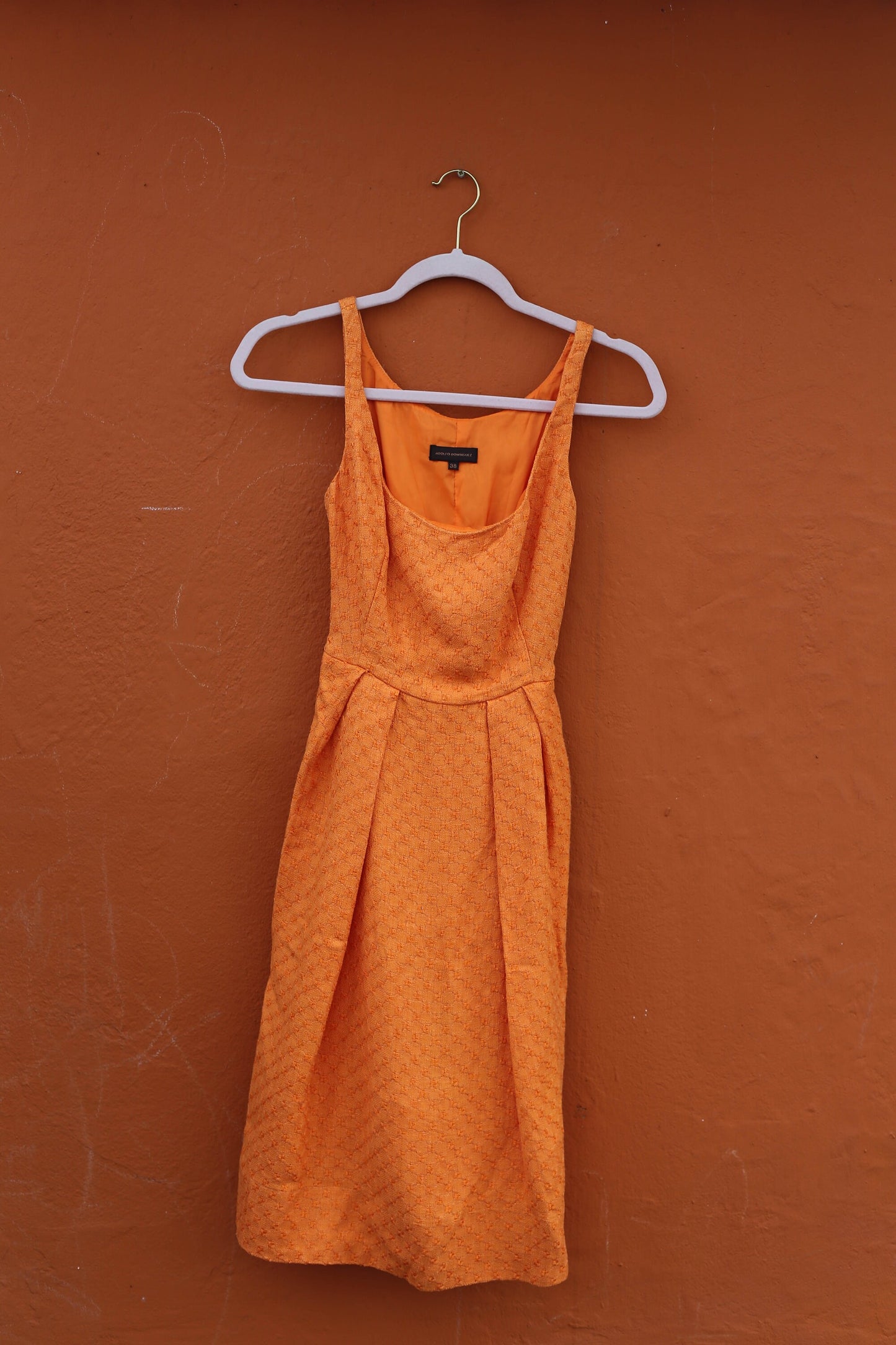 Adolfo Dominguez Orange Summer Dress, Vintage designer cocktail dress, Textured statement dress with Belt, 80s Vintage Charm