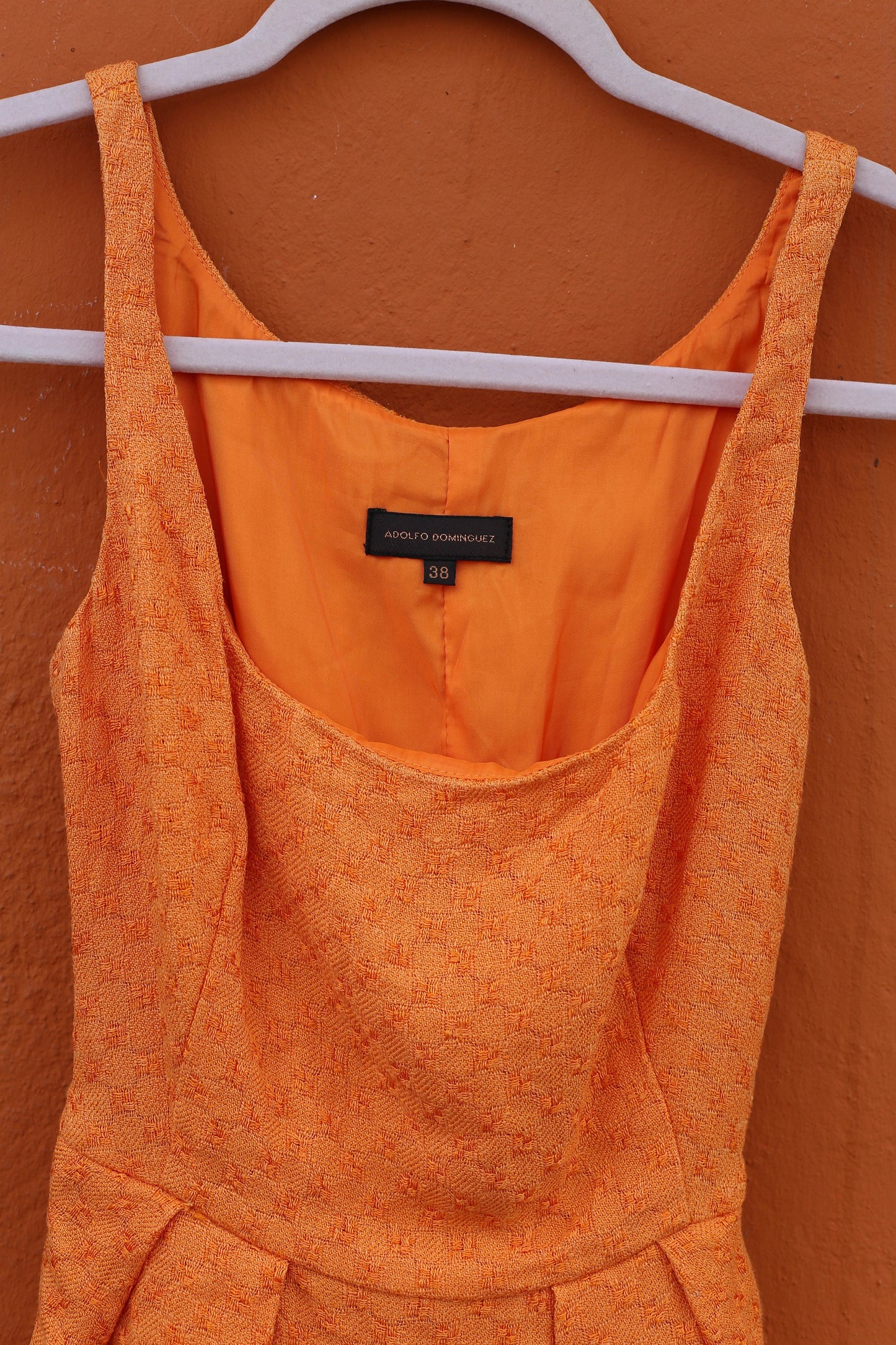 Adolfo Dominguez Orange Summer Dress, Vintage designer cocktail dress, Textured statement dress with Belt, 80s Vintage Charm