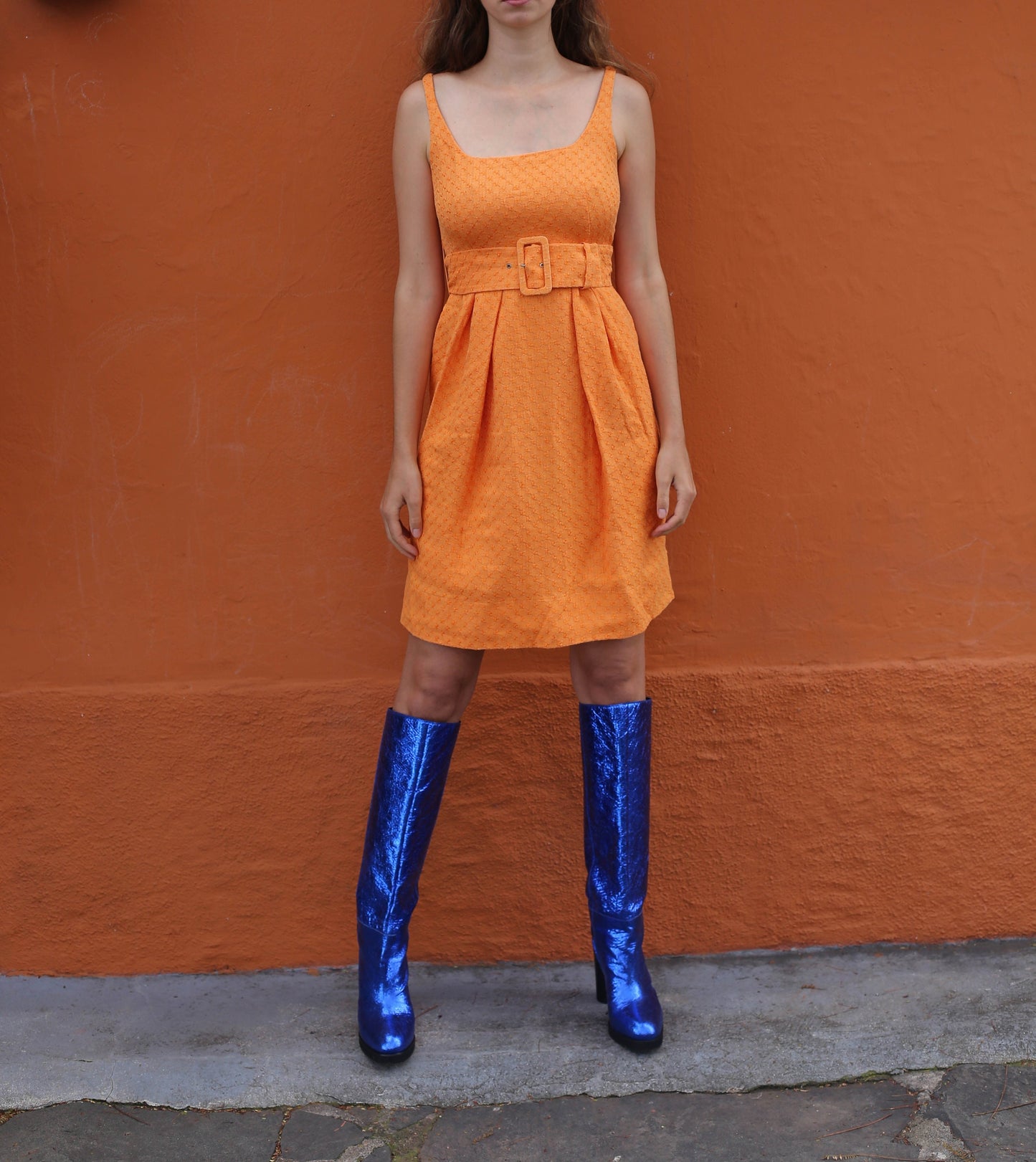 Adolfo Dominguez Orange Summer Dress, Vintage designer cocktail dress, Textured statement dress with Belt, 80s Vintage Charm