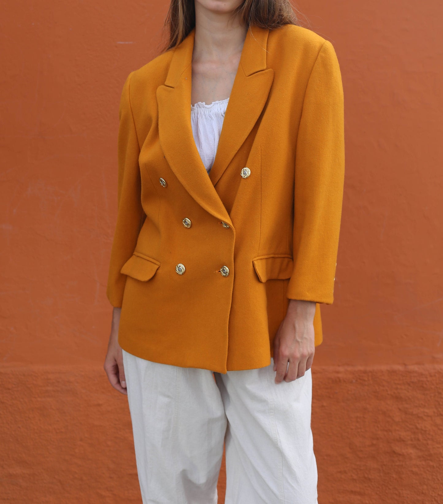 Orange wool vintage blazer, Emily in Paris colourful statement aesthetic, Smart bold Girl boss clothing, Size USA L