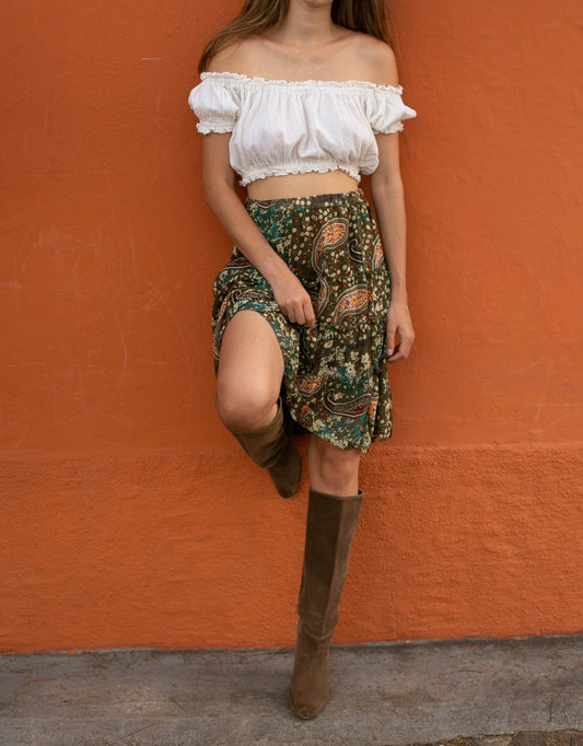 Boho Chic Vintage Paisley Silk Midi Skirt — detail