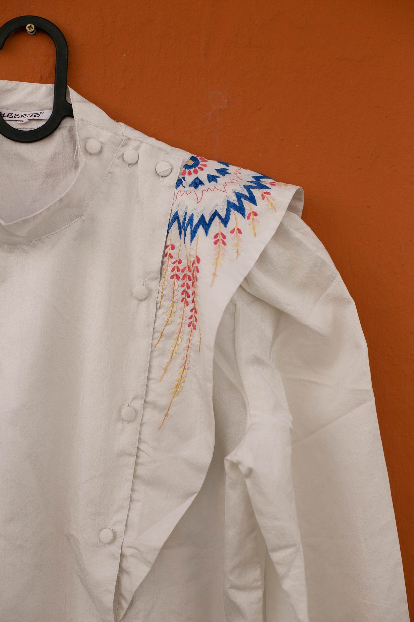 80s vintage woman blouse with shoulders, Bohemian Embroidered Blouse, Statement piece button up top, Vintage woman clothing