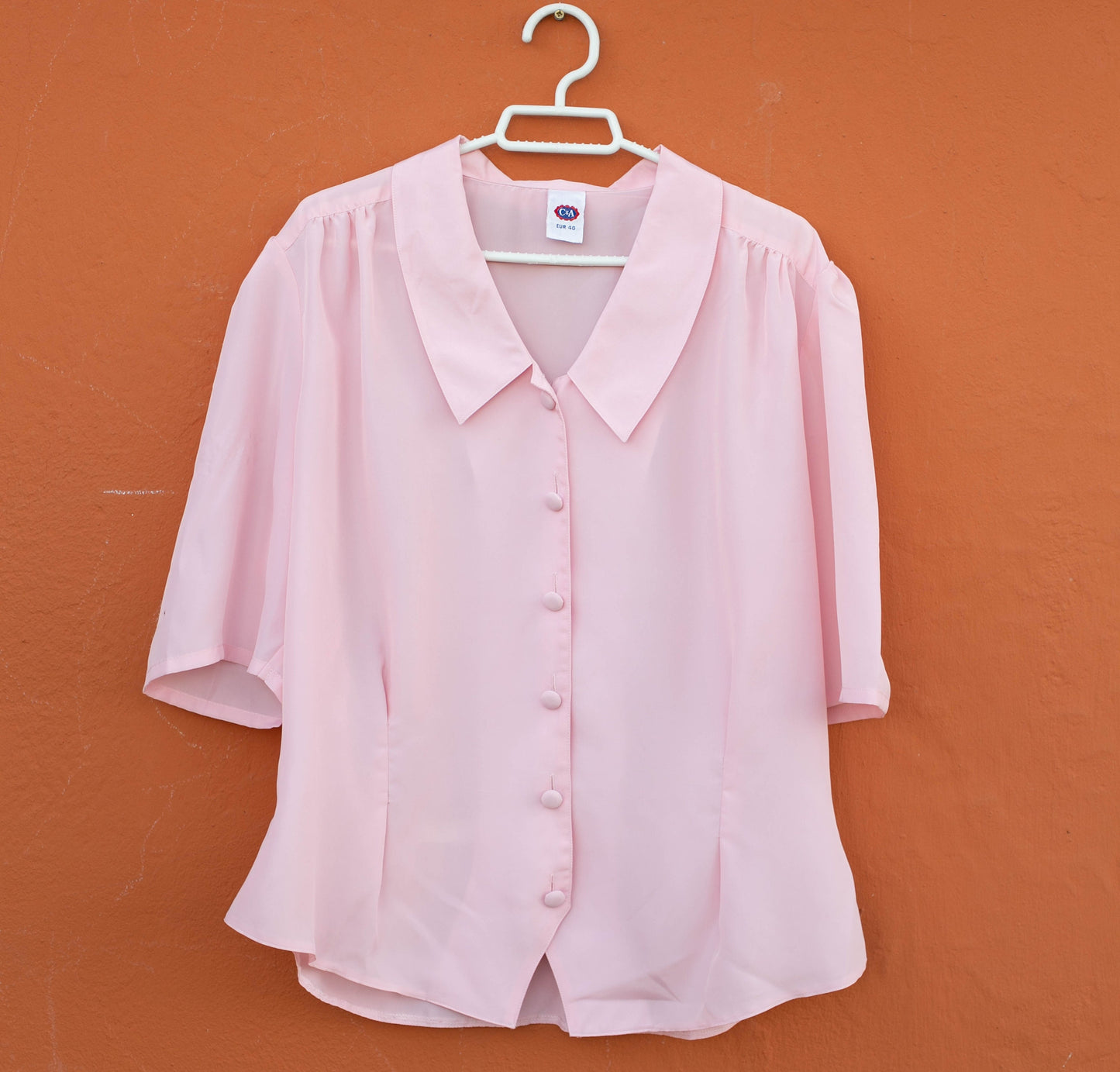 Vintage lightweight pink woman blouse, Playful 60s top, Vintage summer shirt, Women’s size L (EU 40 / US 10).
