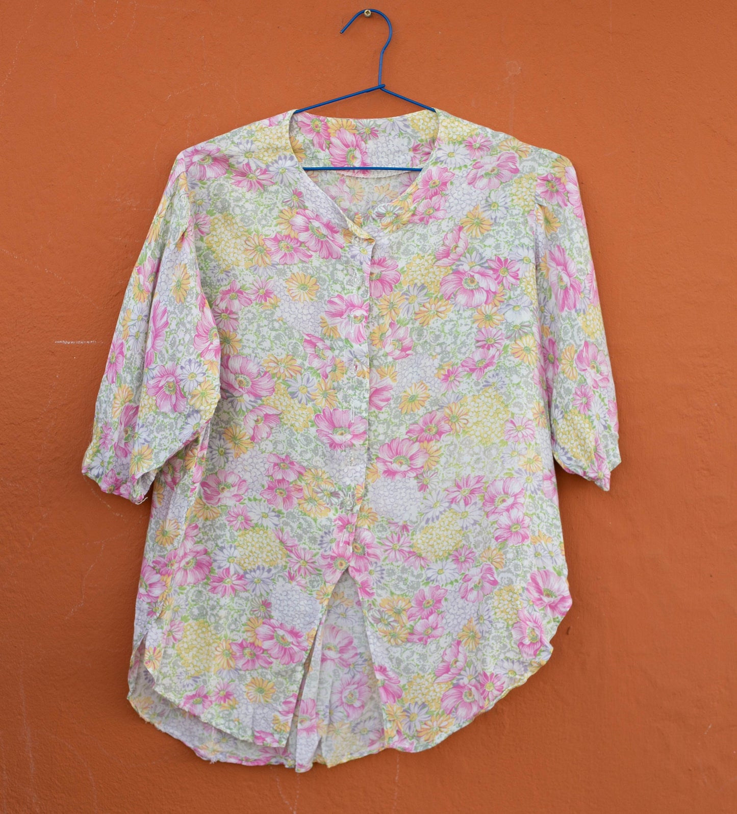 Vintage Floral blouse knot tie top, Pink flower print cropped button up blouse, Summer shirt, Loose oversized 70s blouse