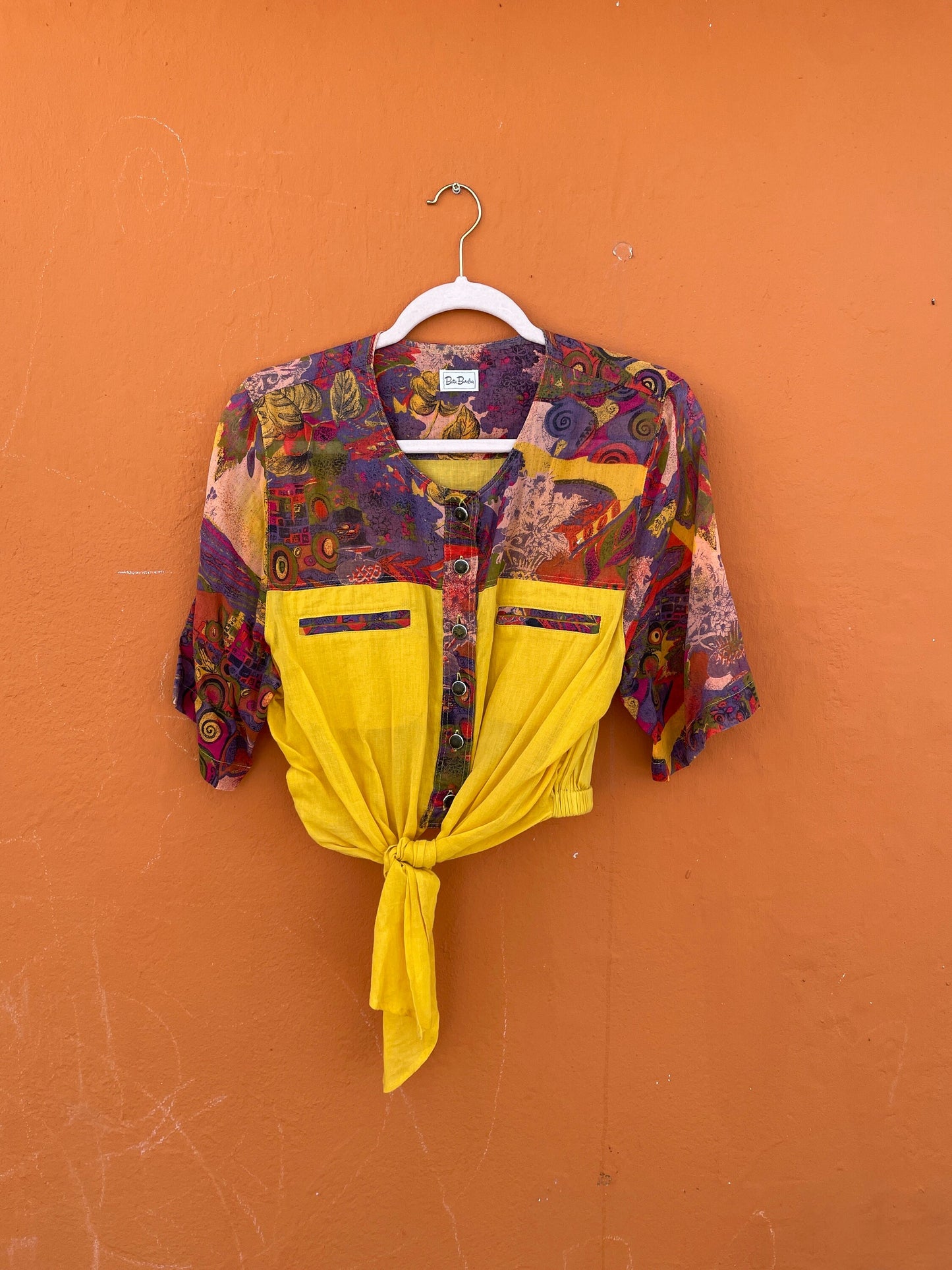 Yellow vintage cotton crop top, Knot tied vibrant blouse, Cute retro shirt,