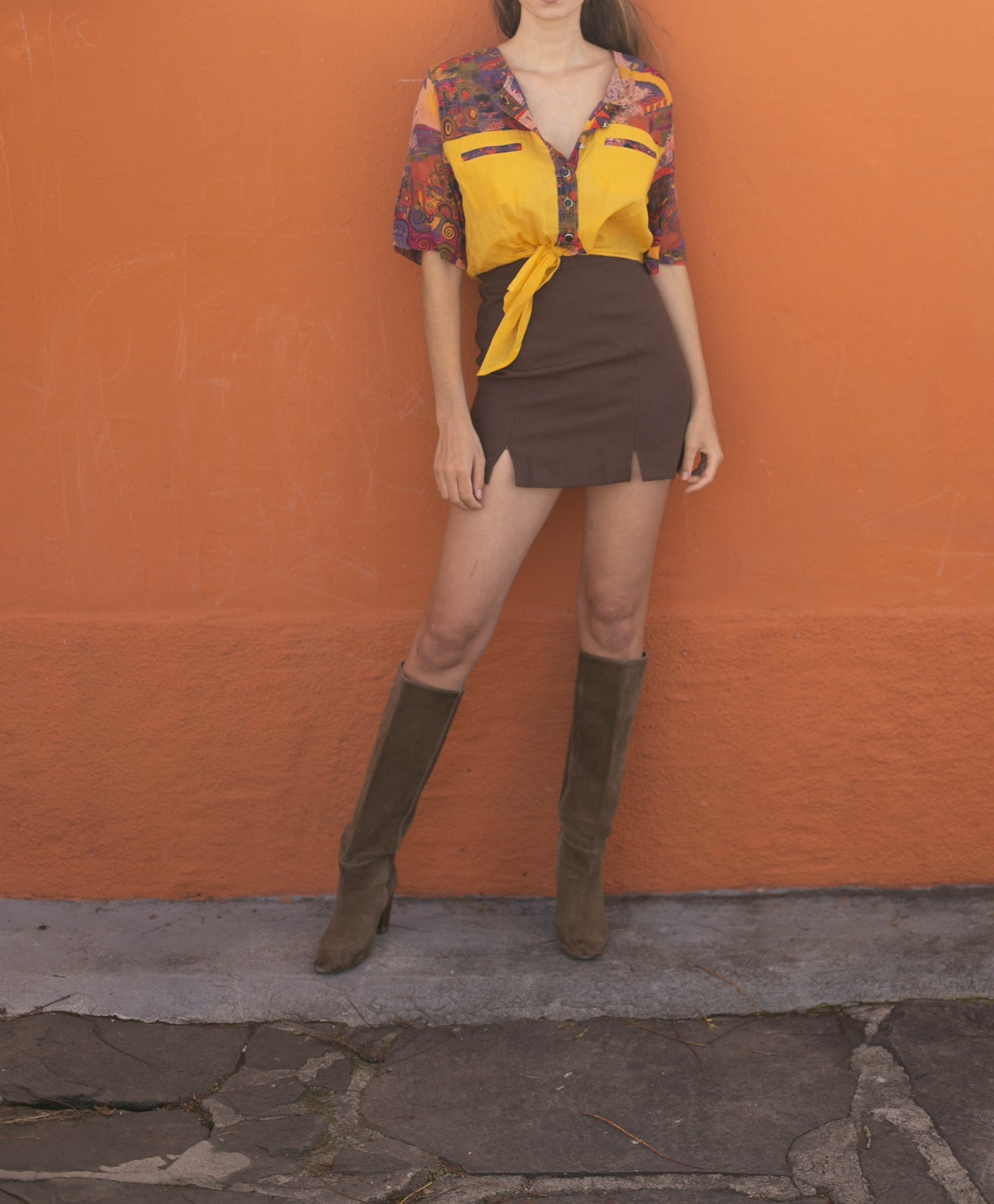 Yellow vintage cotton crop top, Knot tied vibrant blouse, Cute retro shirt,