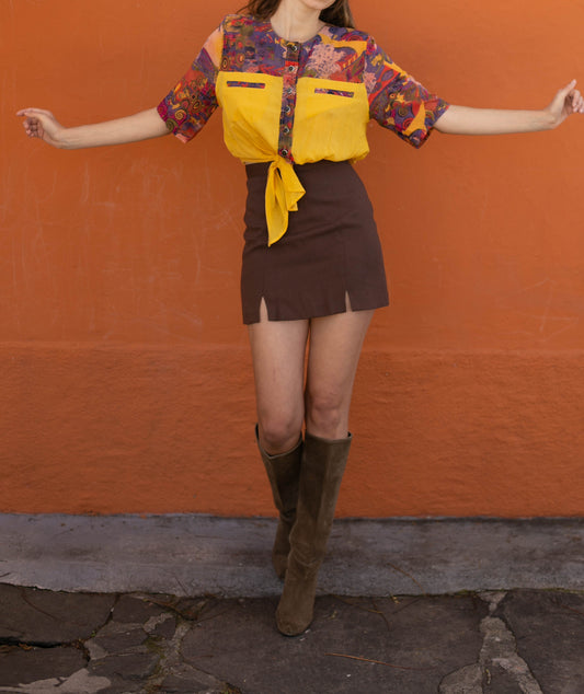 Yellow vintage cotton crop top, Knot tied vibrant blouse, Cute retro shirt,