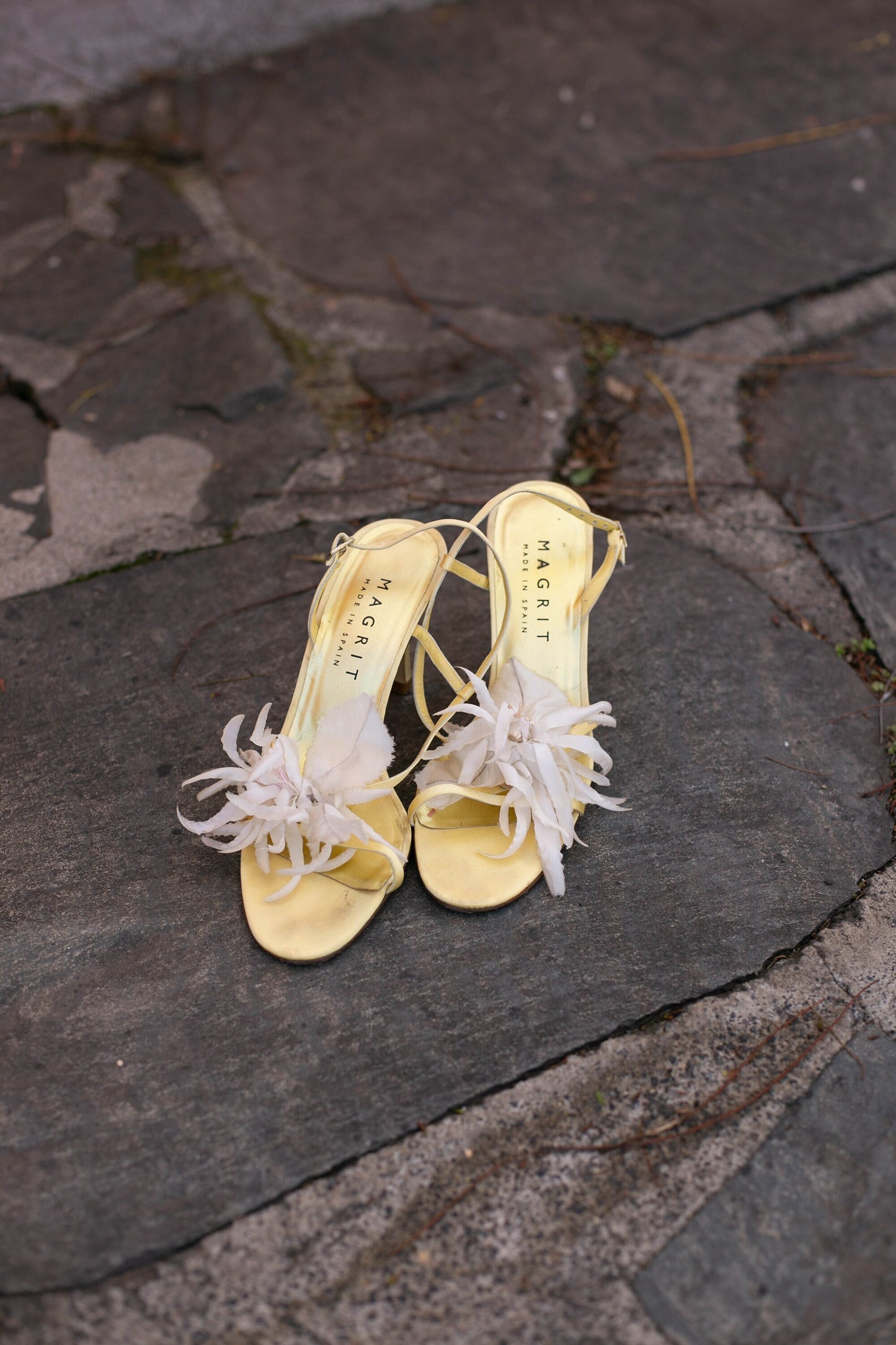 Vintage Magrit Floral Heels – Yellow Satin Sandals – EU 38