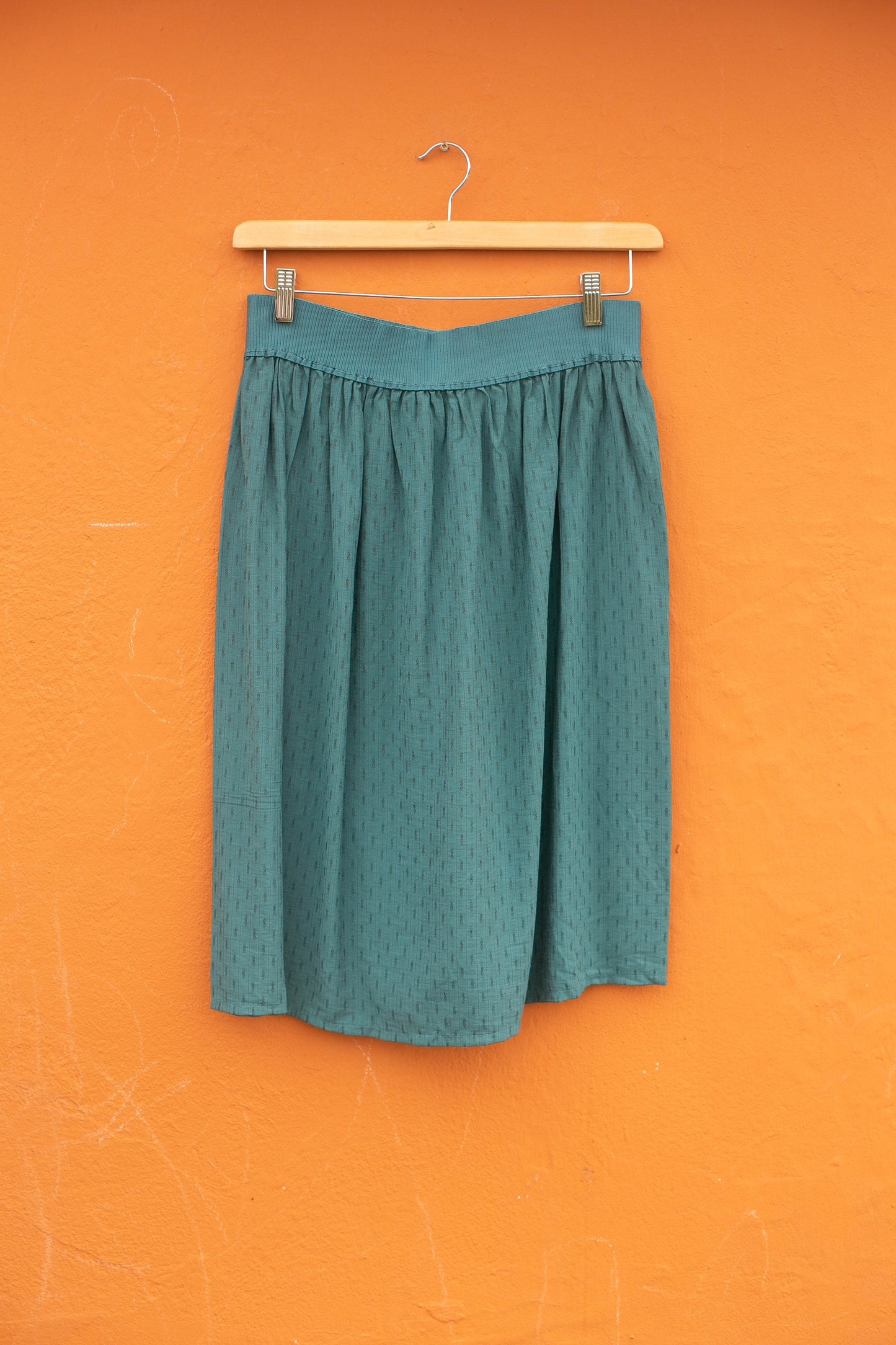 Vintage Teal Dobby Midi Skirt, High Waist Floral Skirt