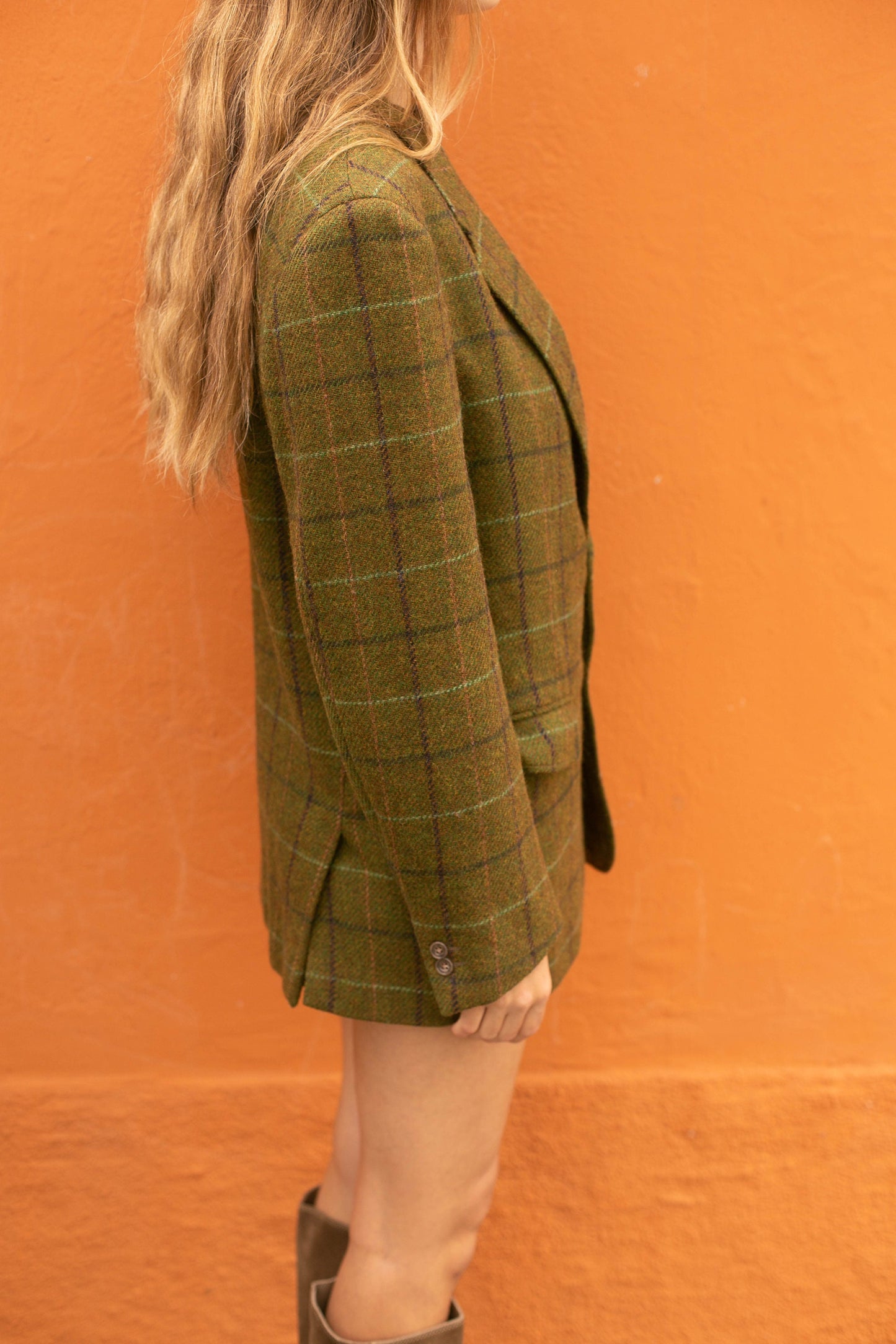 Classic Confar Italian Tweed Blazer, Moss green plaid light academia blazer jacket, Oversized wool outdoor wear, Autumn fahsion aesthetic