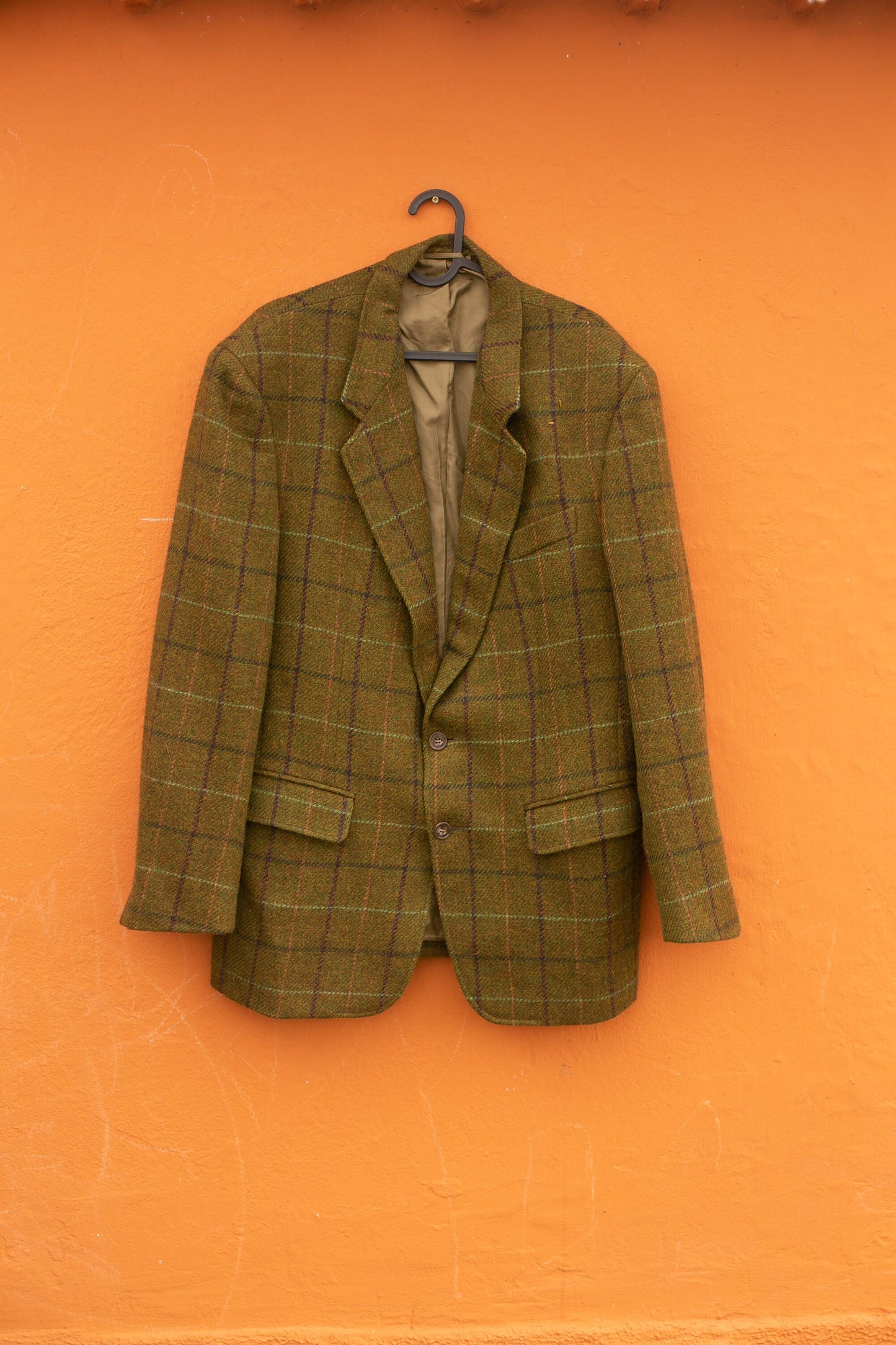 Classic Confar Italian Tweed Blazer, Moss green plaid light academia blazer jacket, Oversized wool outdoor wear, Autumn fahsion aesthetic