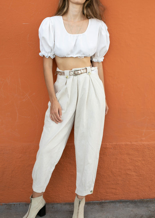 Cottage core woman blouse, White Vintage puff sleeve Linen top, Antique french white cotton cropped top, top, Lace detailing, M -L