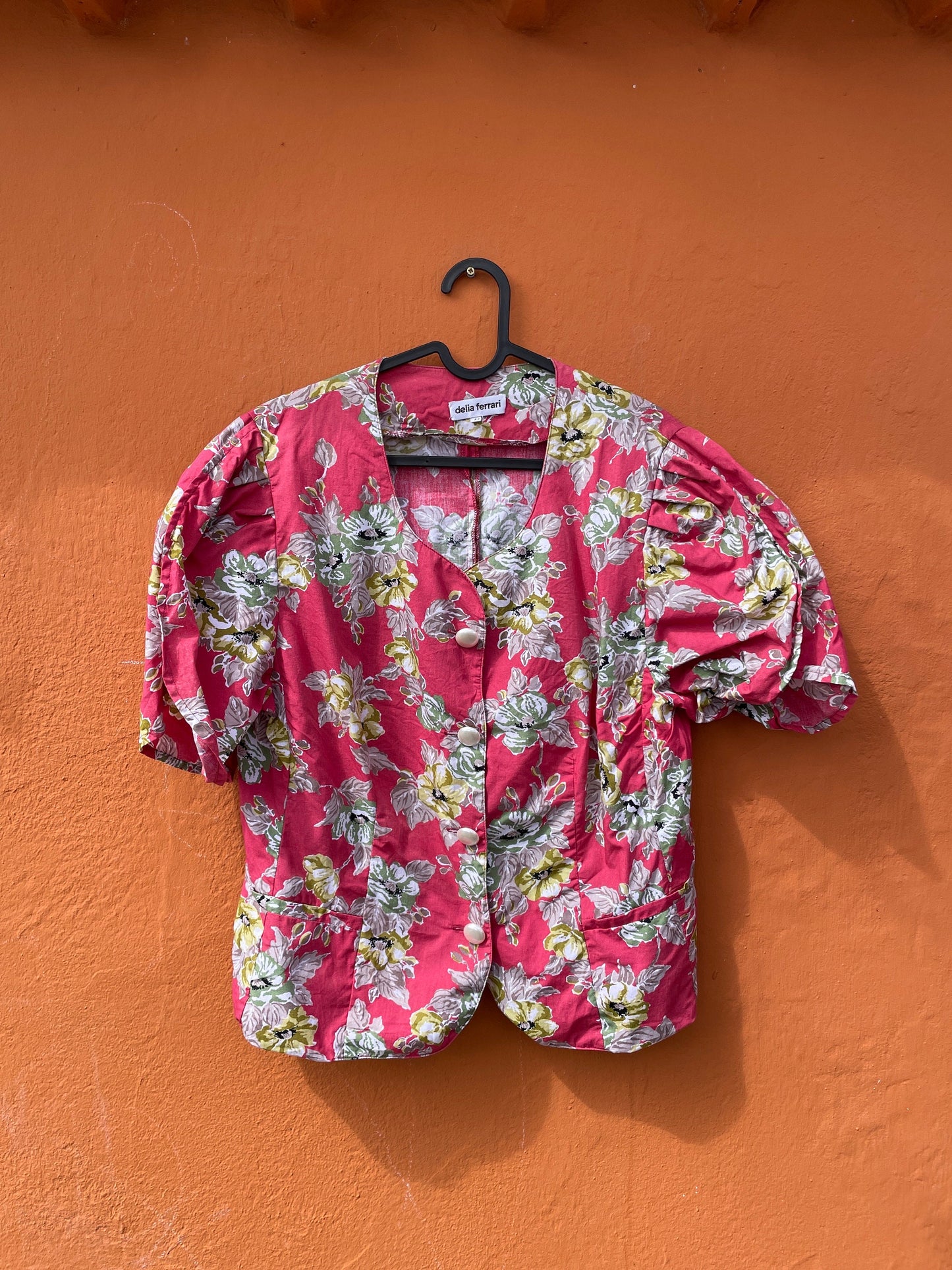 Vibrant Vintage Pink Floral Women's Blouse, Playful Retro blouse with Puffed Shoulders - Vintage Charm Meets Modern Style