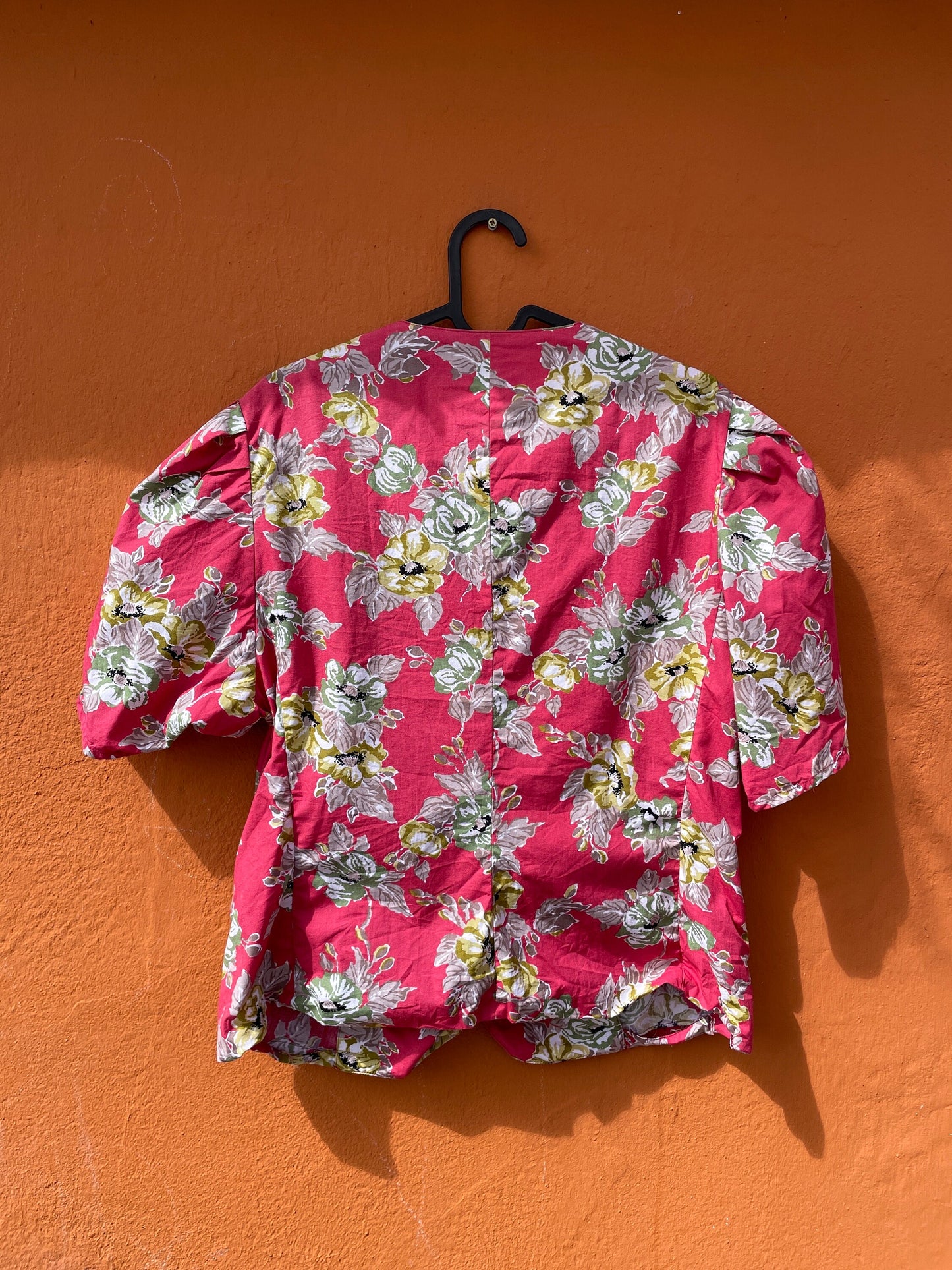Vibrant Vintage Pink Floral Women's Blouse, Playful Retro blouse with Puffed Shoulders - Vintage Charm Meets Modern Style