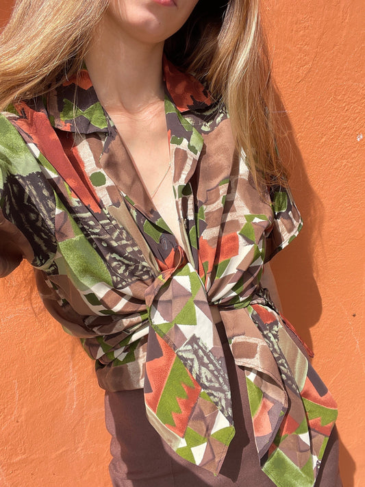 Vintage geometric print oversized blouse – earthy silk blend, retro boho style, abstract patch shirt, 80s top, artsy wear